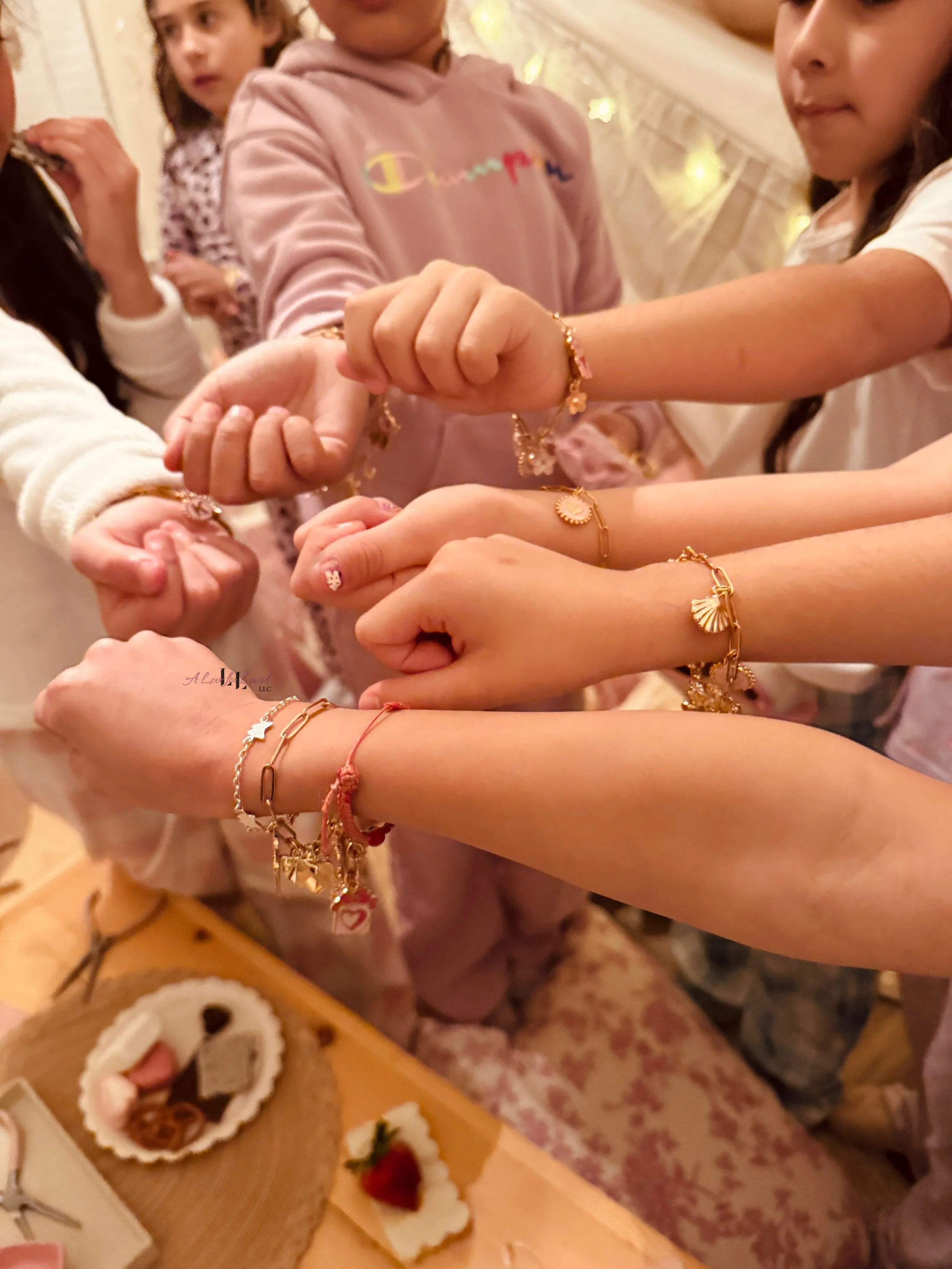 Kids craft activity table ideas birthday party girl girlhood charm bracelet bracelets charms best friends preteen teen teens custom stainless steel paper clip bay area central valley 