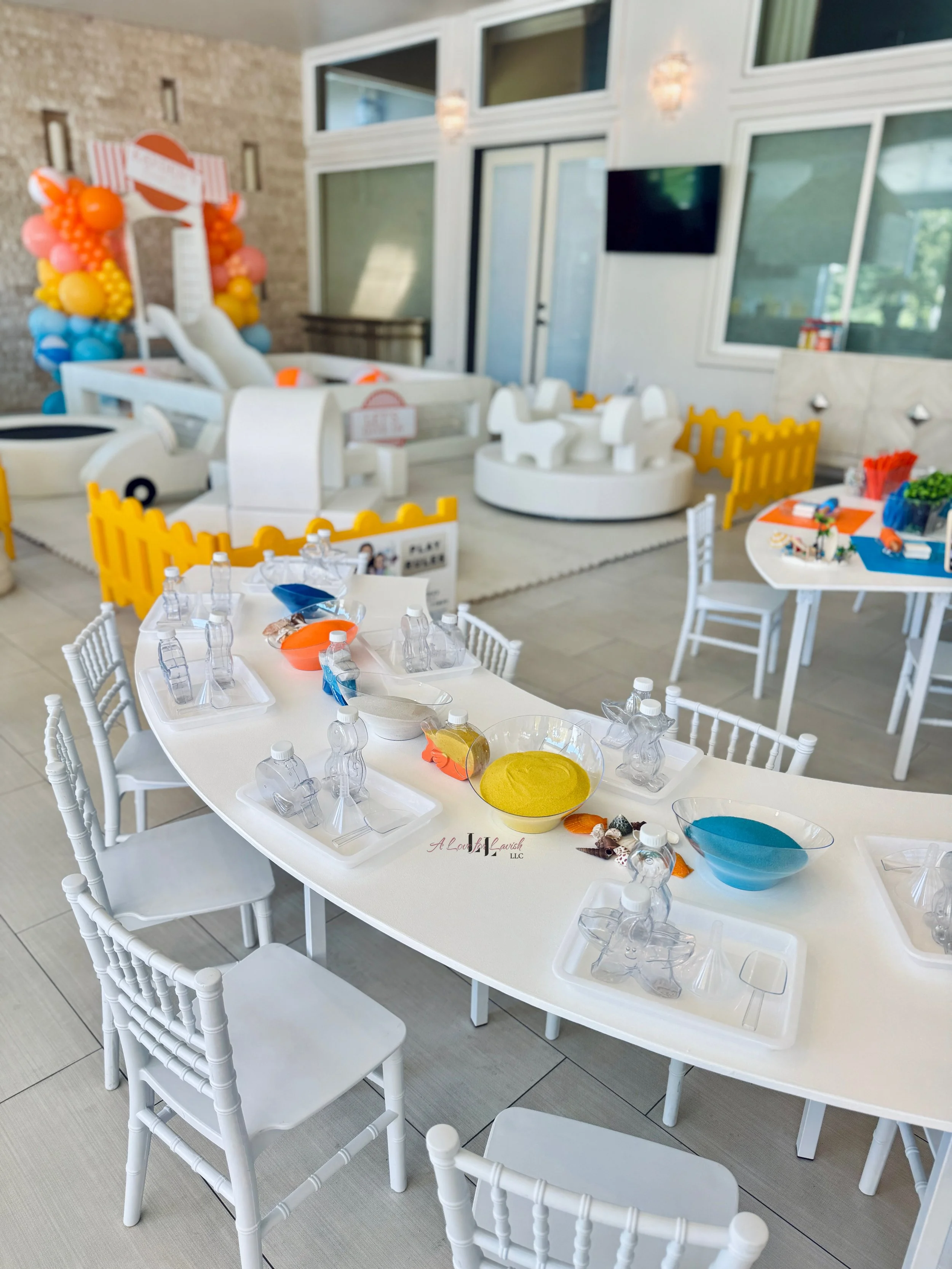 kids sand art station activity table sensory birthday party one in the sun summer theme beach colorful clay playdoh fun crafts art first birthday ideas 1st creative play activities hands on