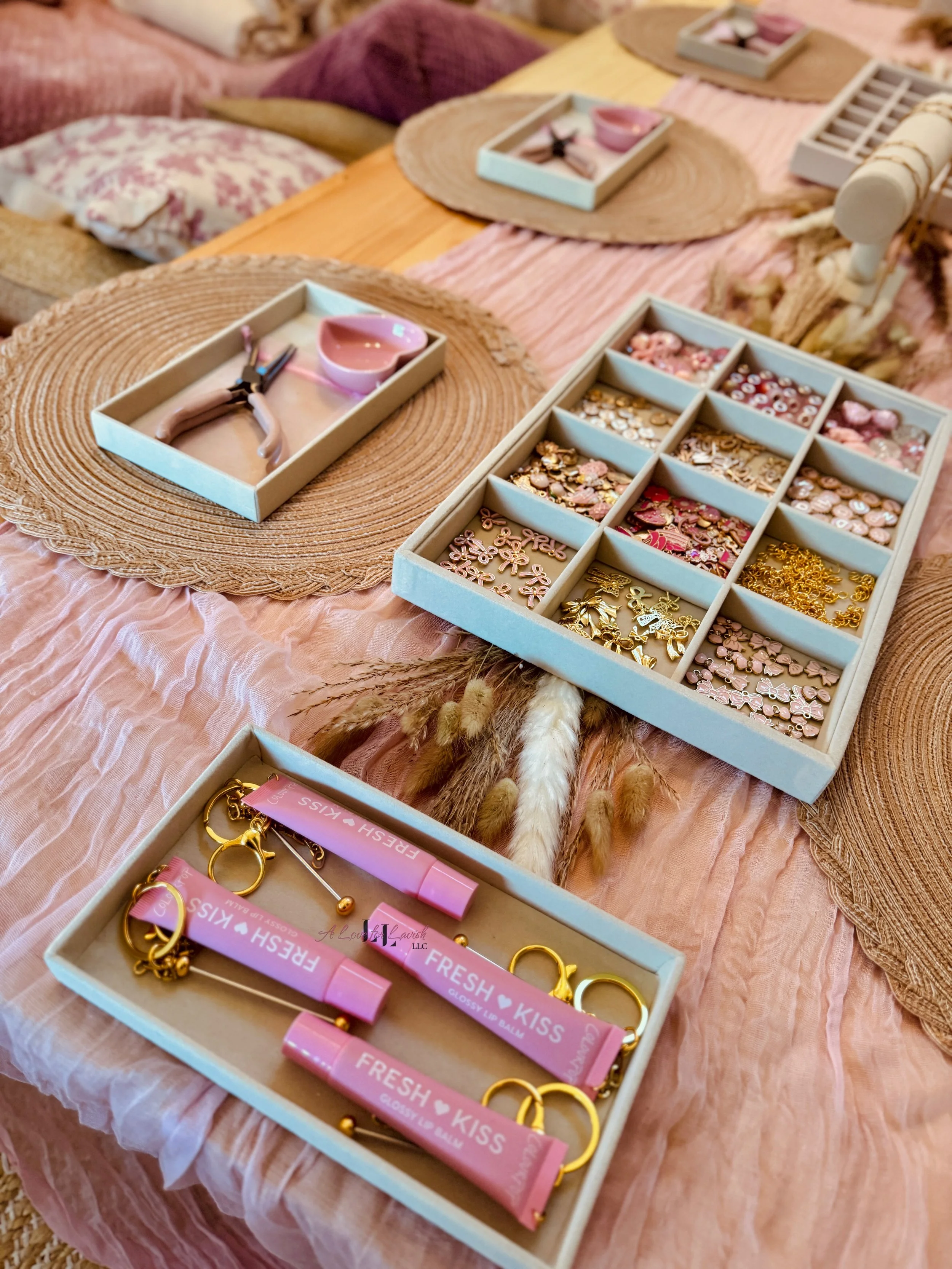 Kids craft activity table ideas birthday party girl girlhood charms lip gloss keychain keychains colourpop best friends preteen teen teens custom paper clip chain beads bay area central valley 