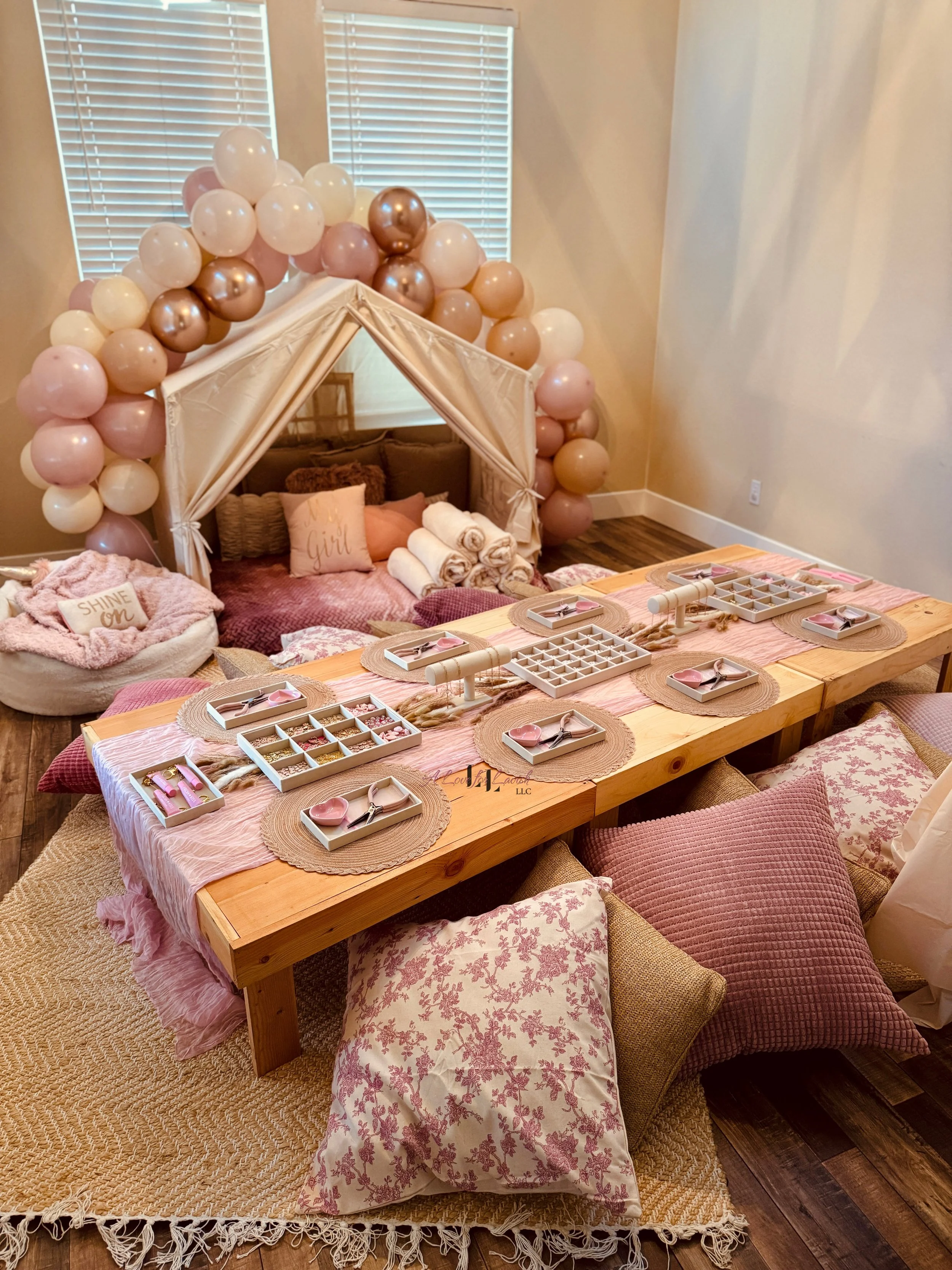 Kids craft activity table ideas birthday party girl girlhood charms lip gloss keychain keychains colourpop best friends preteen teen teens custom paper clip chain beads bay area central valley 