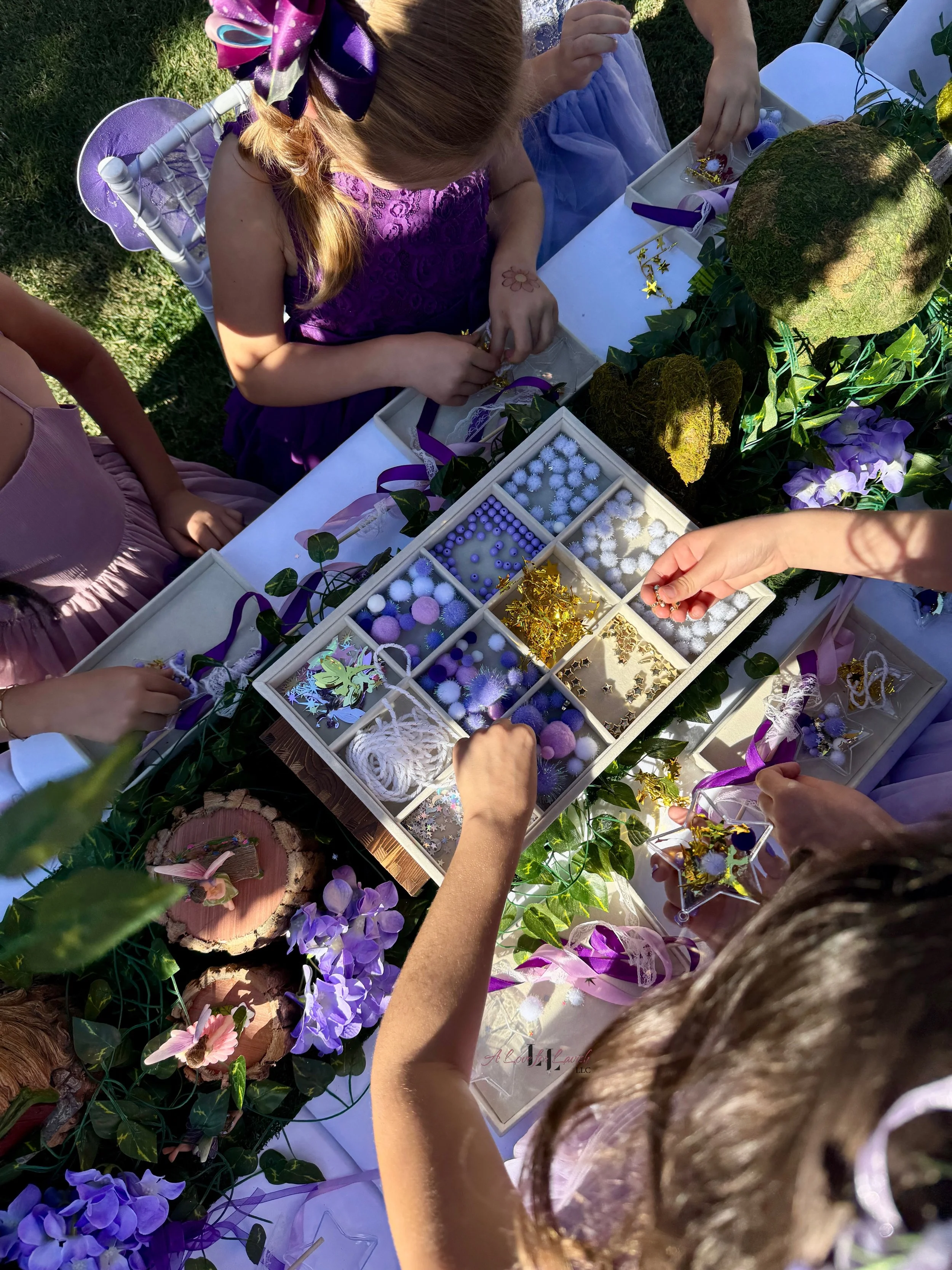 Fairy themed birthday party wands potions wand potion diy activity station kids party ideas activity tables table central valley bay area event planner stem science imagination creativity balloons balloon garland