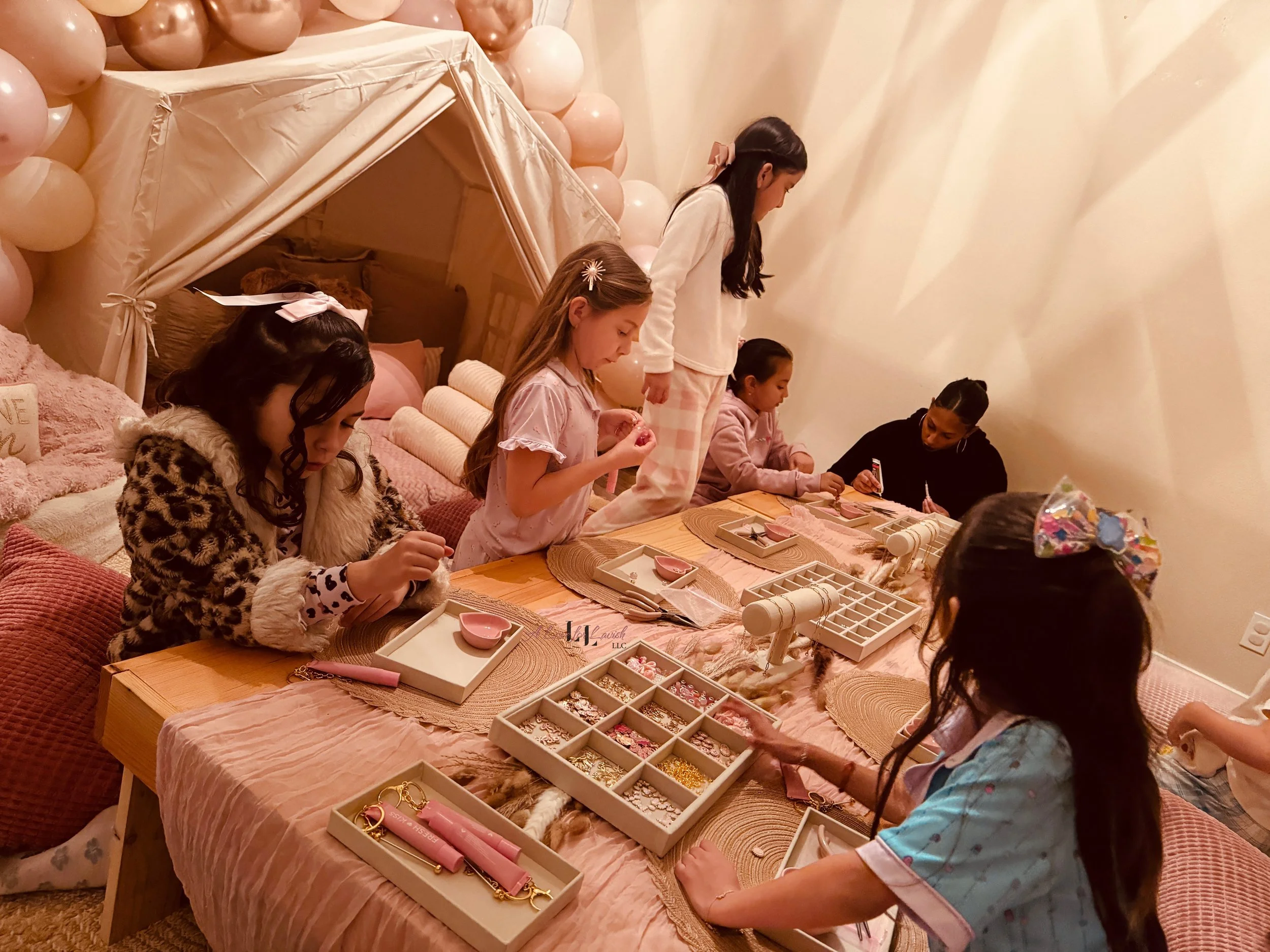 Kids craft activity table ideas birthday party girl girlhood charms lip gloss keychain keychains colourpop best friends preteen teen teens custom paper clip chain beads bay area central valley 