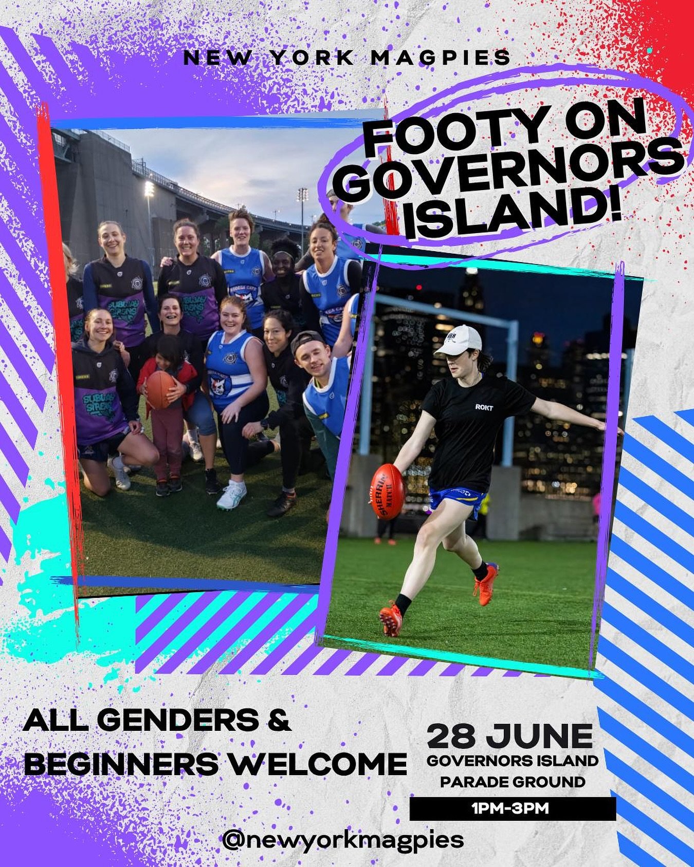 Footy + Governors Island = the perfect NYC day

For the first time in New York Magpies history, we are playing on Governors Island! Join us for a game this weekend.

🗓 Saturday 28th June
⏰️ 1pm-3pm
📍Governors Island Parade Ground

Everyone is welco