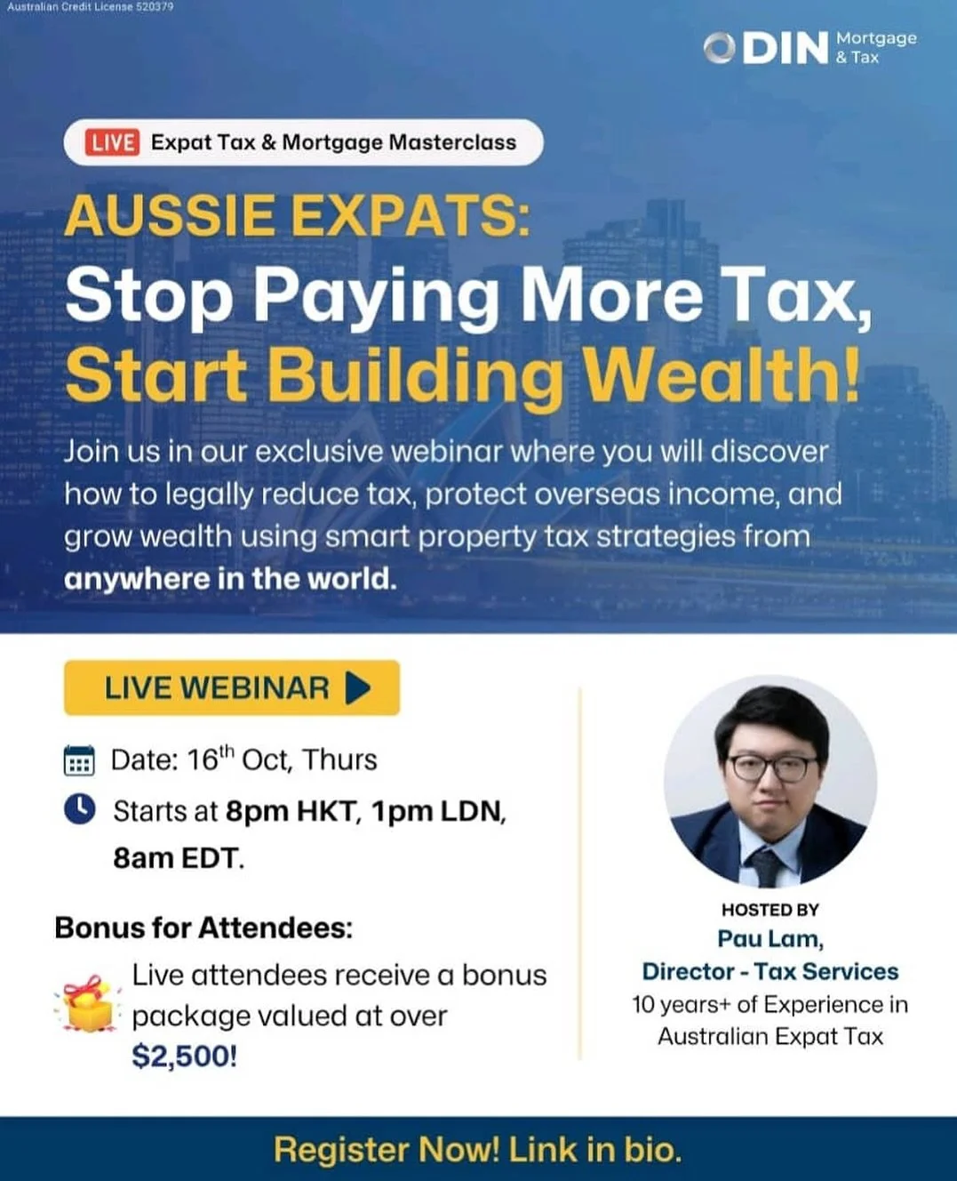 🎓 *Discover How Smart Aussie Expats Cut Taxes and Build Property Wealth*

📅 Thursday, 16 October | 🕗 1 PM EDT | 💻 Online
🎙️ Host: Pau Lam, Tax Director, Odin Mortgage &amp; Tax

Learn how to:
✅ Protect overseas income and determine your tax resi