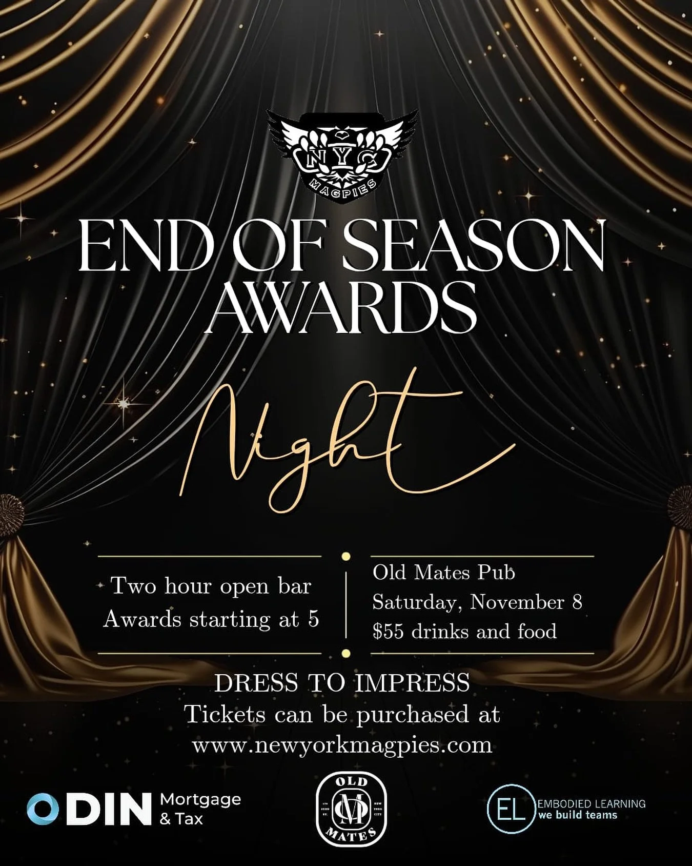 🏅 END OF SEASON AWARDS NIGHT! ✨ 

📍 @oldmatespub
🗓️ Saturday November 8
⏰ 5-7pm open bar and food! Party continues after!
$55 👏 🎟️ 👉 www.newyorkmagpies.com

#NewYorkMagpies