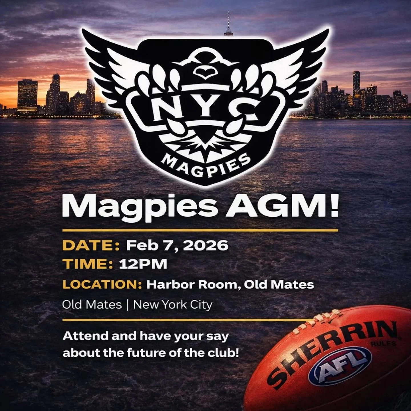 🚨🚨 Magpies AGM 🚨🚨

We're gearing up to launch the 2026 season strong! Get around the Pies and get involved. 

See you at Old Mates!