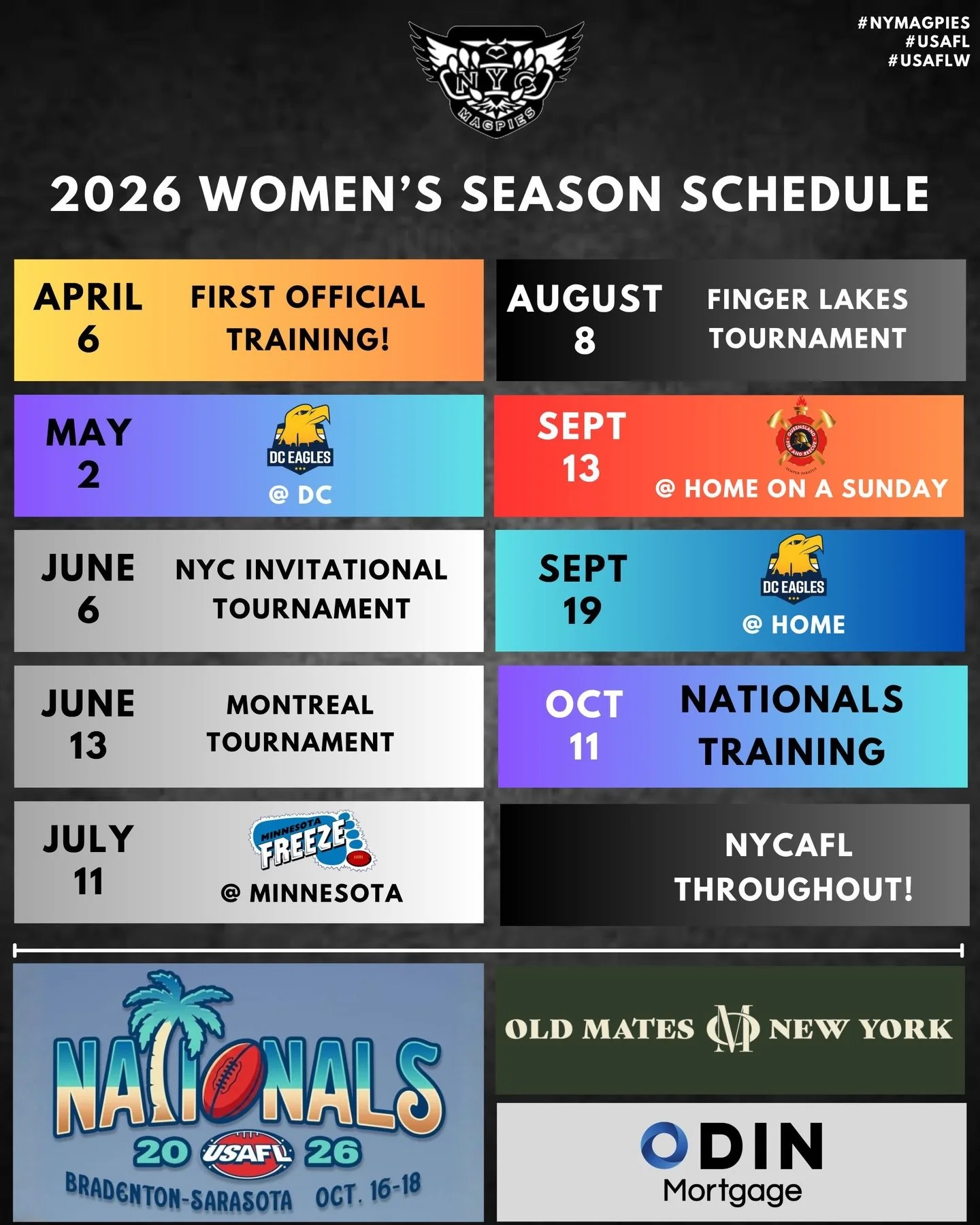 A full schedule for 2026! Come play with us, no experience needed.  #nycsports #aussierulesfooty #aussiesintheusa #nycfooty #usafl