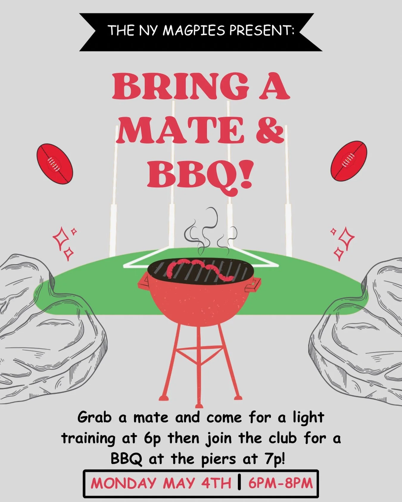 Interested in trying footy!? Come join the New York Magpies for a light training and a BBQ right after! Get to know the sport and the team and enjoy a hotdog or two! See you Monday, May 4th!

#footy #aussierules #aussiesinnyc