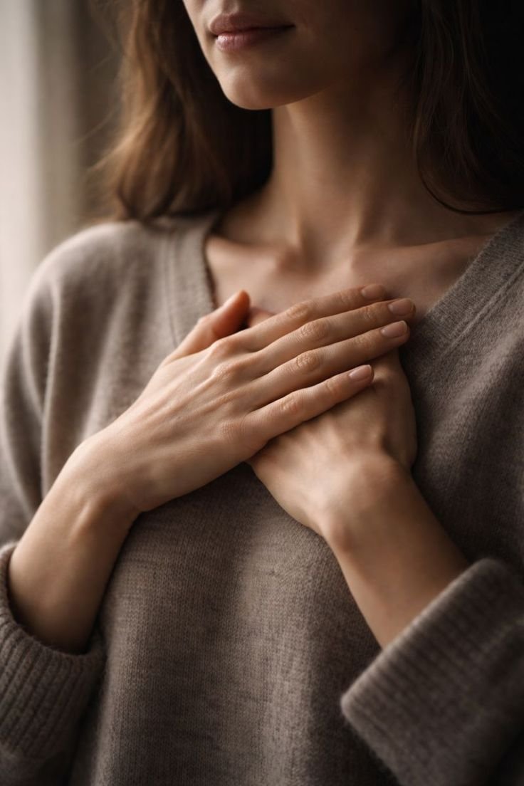 A woman with long hair touching her chest with her hand, wearing a beige sweater.
