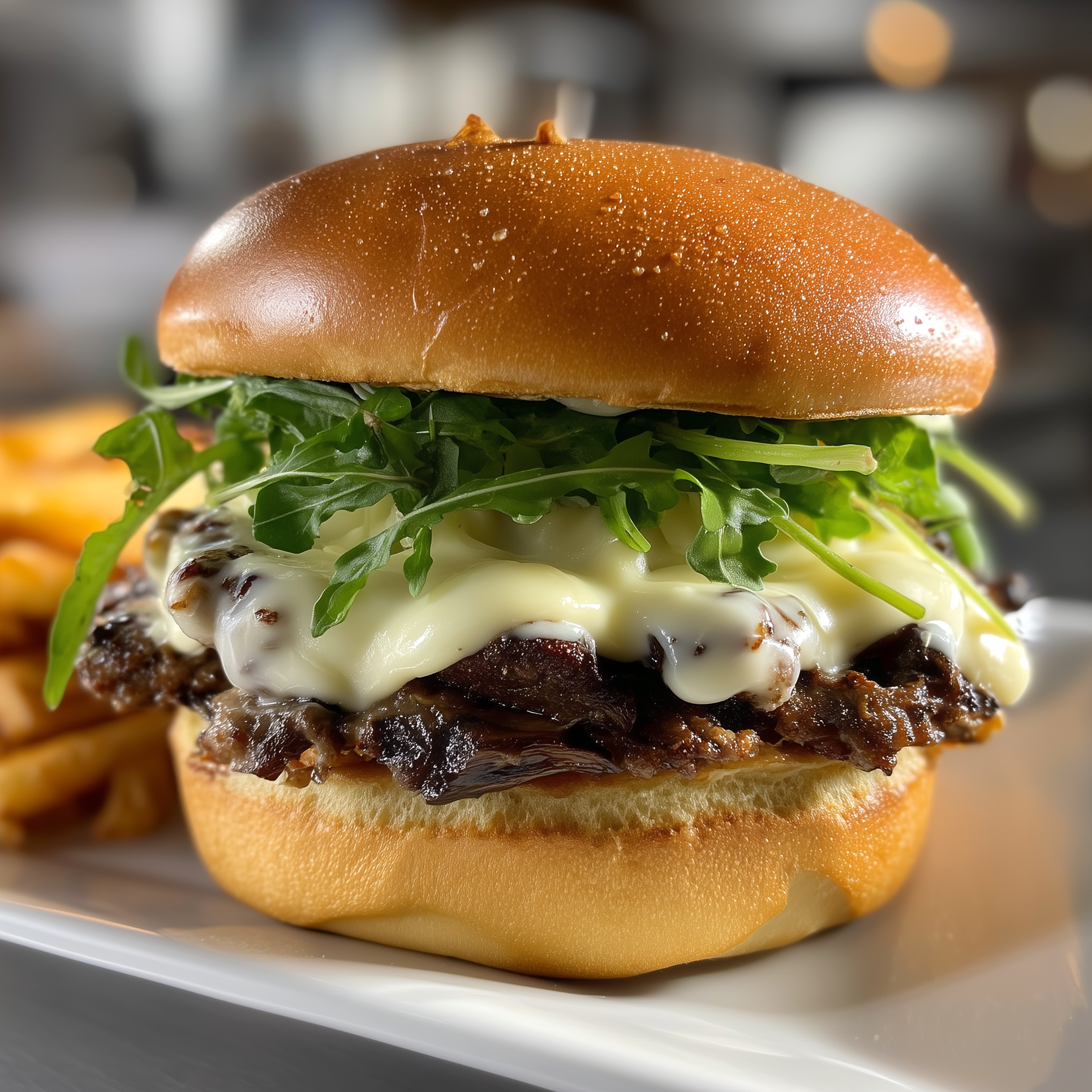 Smash burger with cheese and mushrooms on a brioche bun