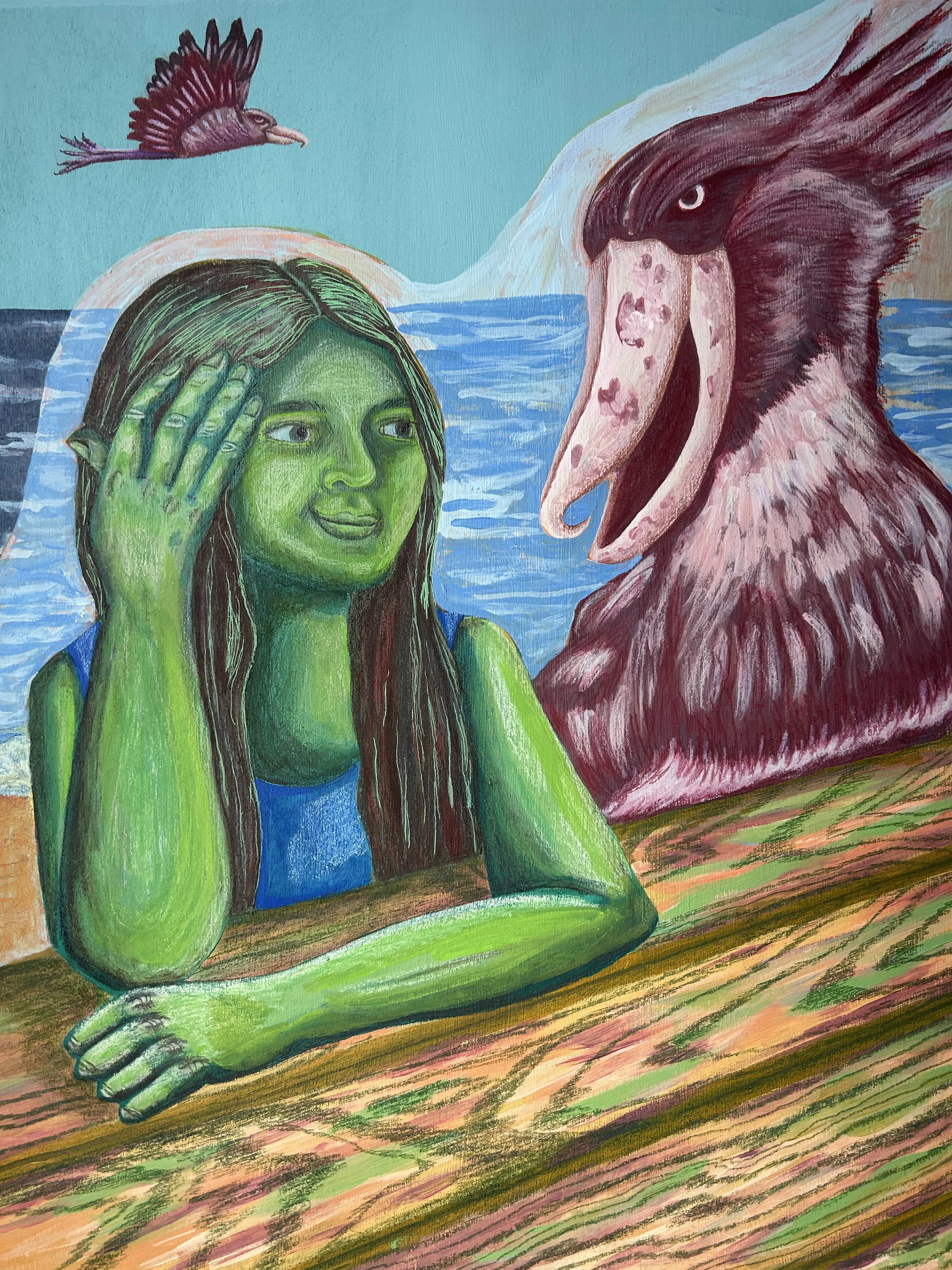 "Starr and the Shoebills". 16" x 1" x 20". Acrylic paint and colored pencil on a wooden panel. 2025.