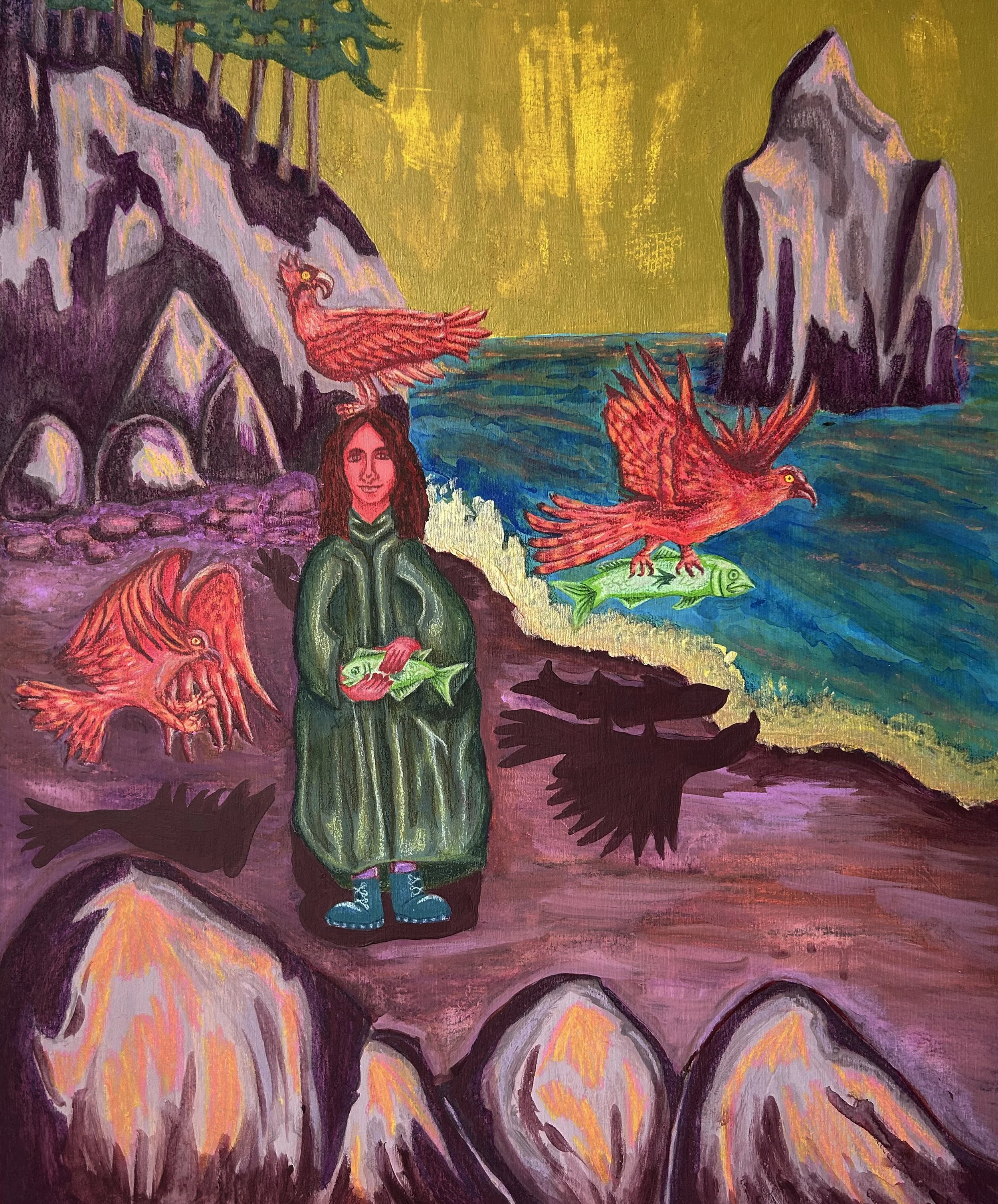 "Louise and the Ospreys". 16" x 1" x 20". Acrylic paint and colored pencil on a wooden panel. 2025.