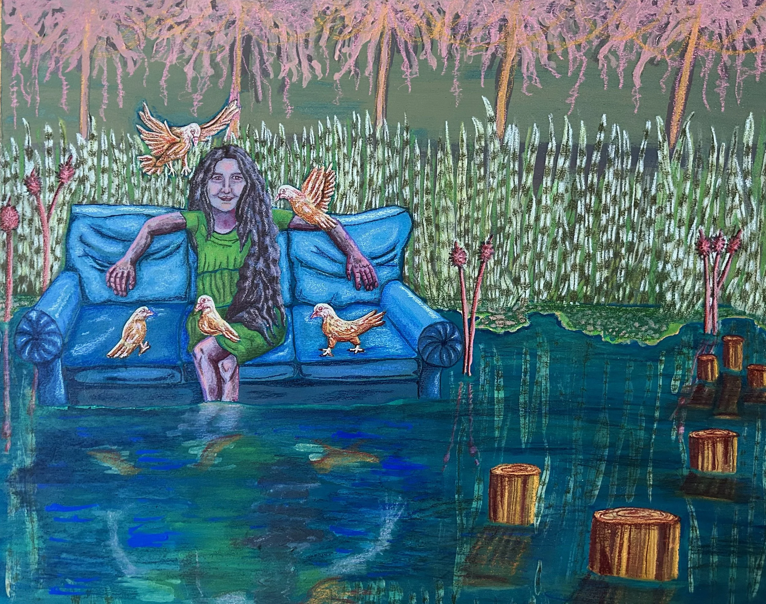 "Charlotte and the Doves." 20" x 1" x 16". Acrylic paint and colored pencil on a wooden panel. 2025.