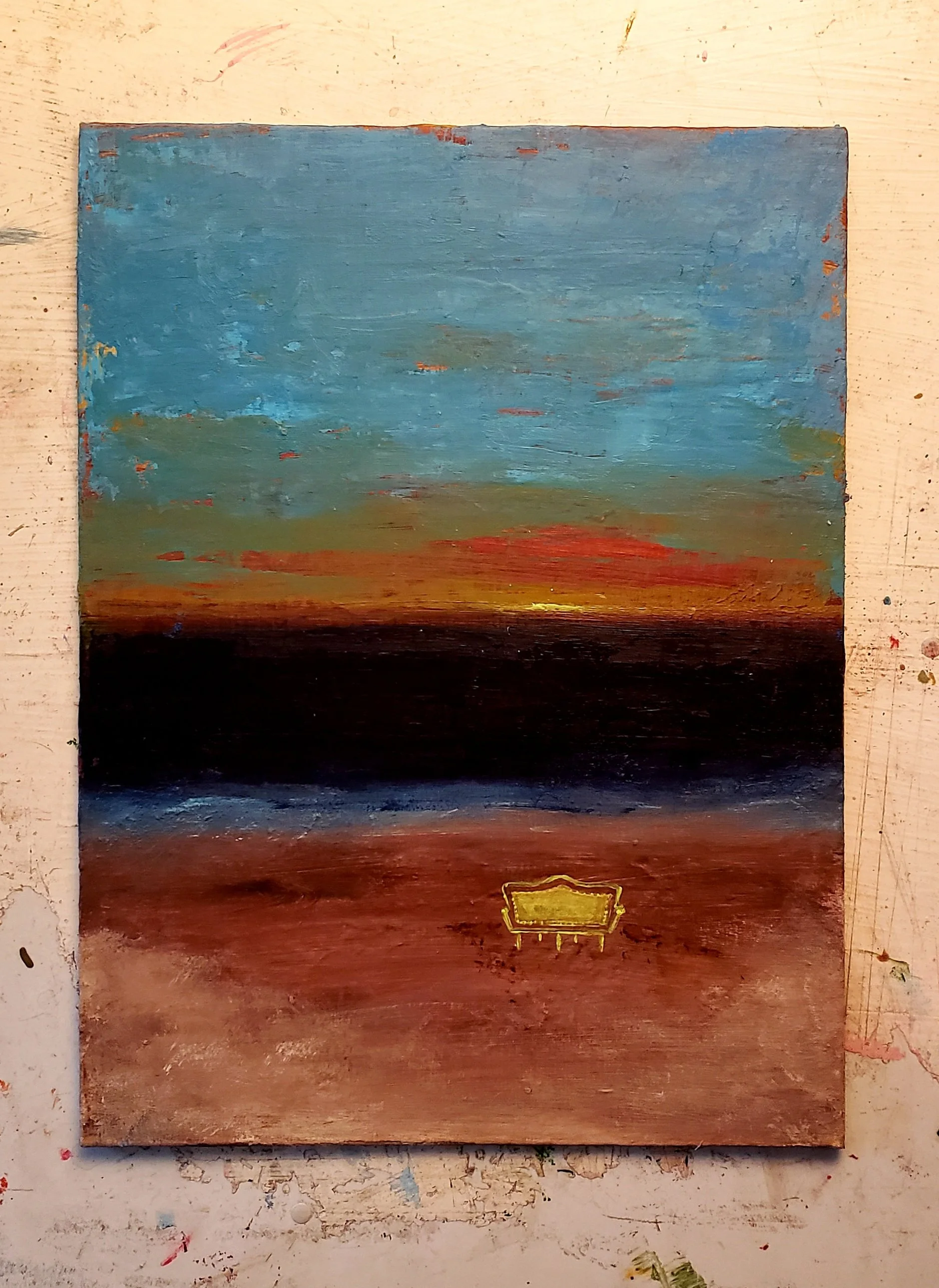 ROOM WITH A VIEW (GOLDEN SETTEE)   //    9 x 12  //   acrylic on canvas panel