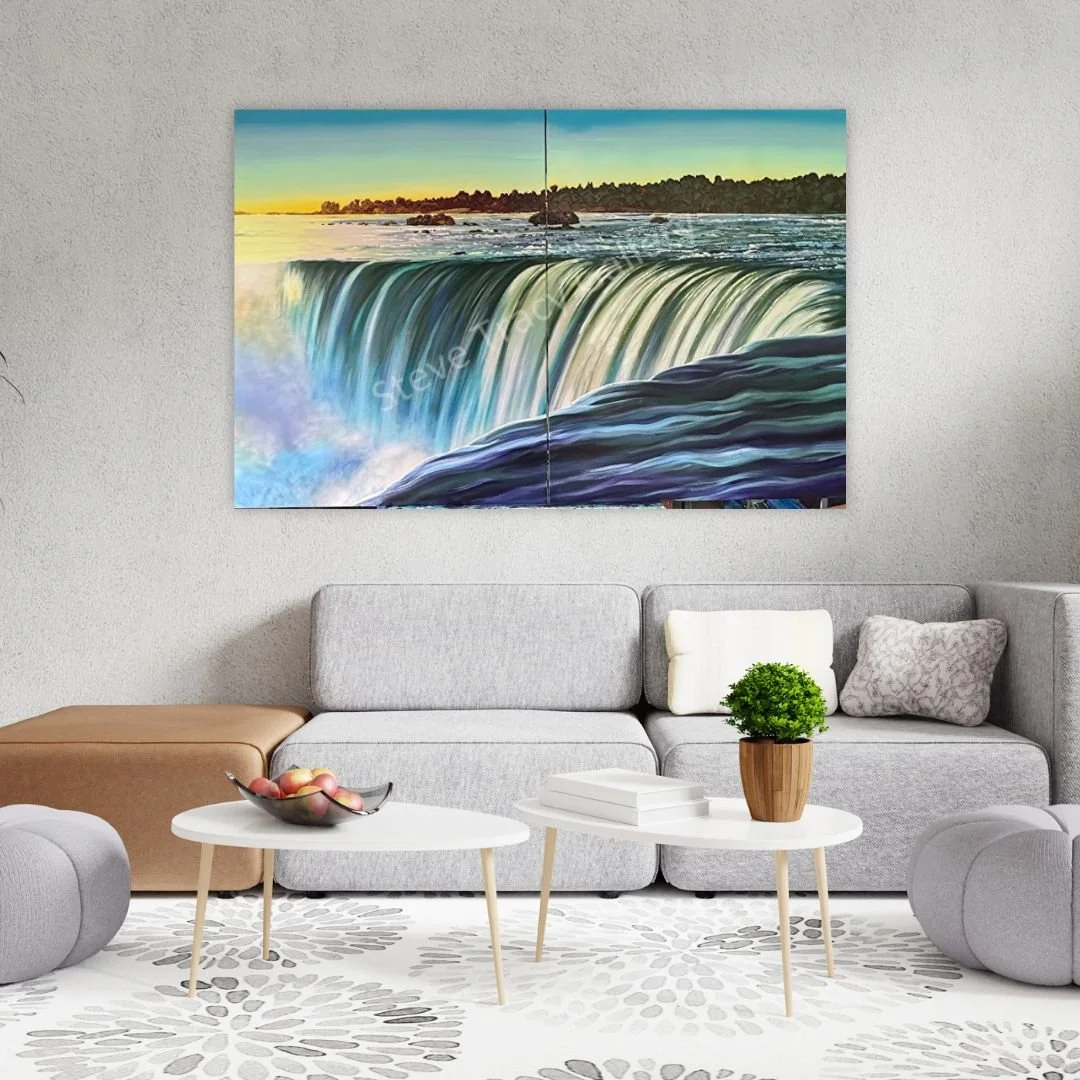 New! An immersive waterfall diptych&mdash;bold scale, luminous colour, and a horizon that glows.

His Voice Is
Acrylic on Canvas
60 x 48
Diptych (left)

Like a Thundering Waterfall
Acrylic on Canvas
60 x 48
Diptych (right)

An immersive, edge‑of‑the‑
