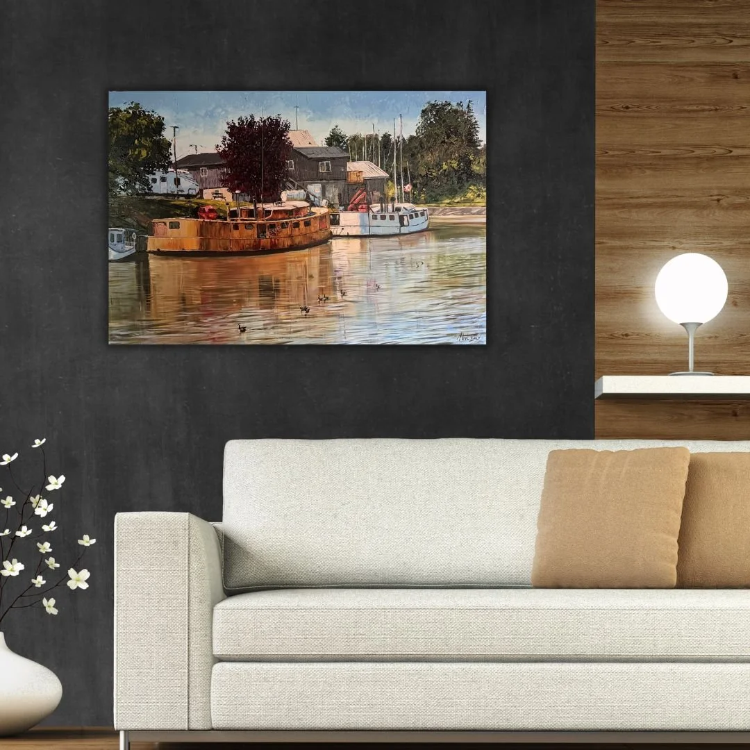 NEW! Kettle Creek
Acrylic on Canvas
24 x 36
Available

This painting captures a peaceful moment along the banks of Kettle Creek, where docked boats rest in golden light and the water mirrors the soft hues of the setting sun. The weathered tugboat, su