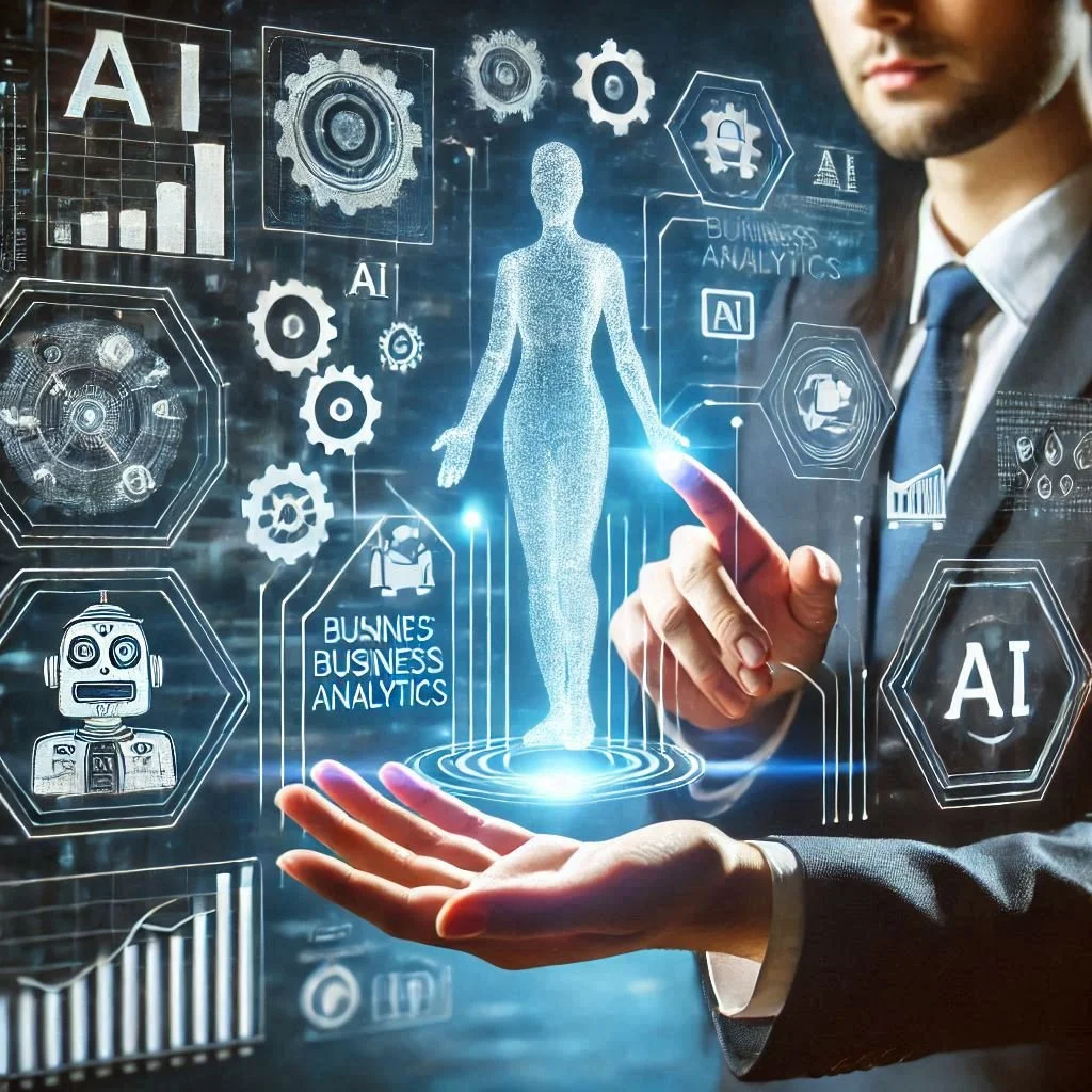 A man in a business suit interacts with a digital hologram of a glowing human figure surrounded by icons and graphics related to AI, business analytics, and technology.