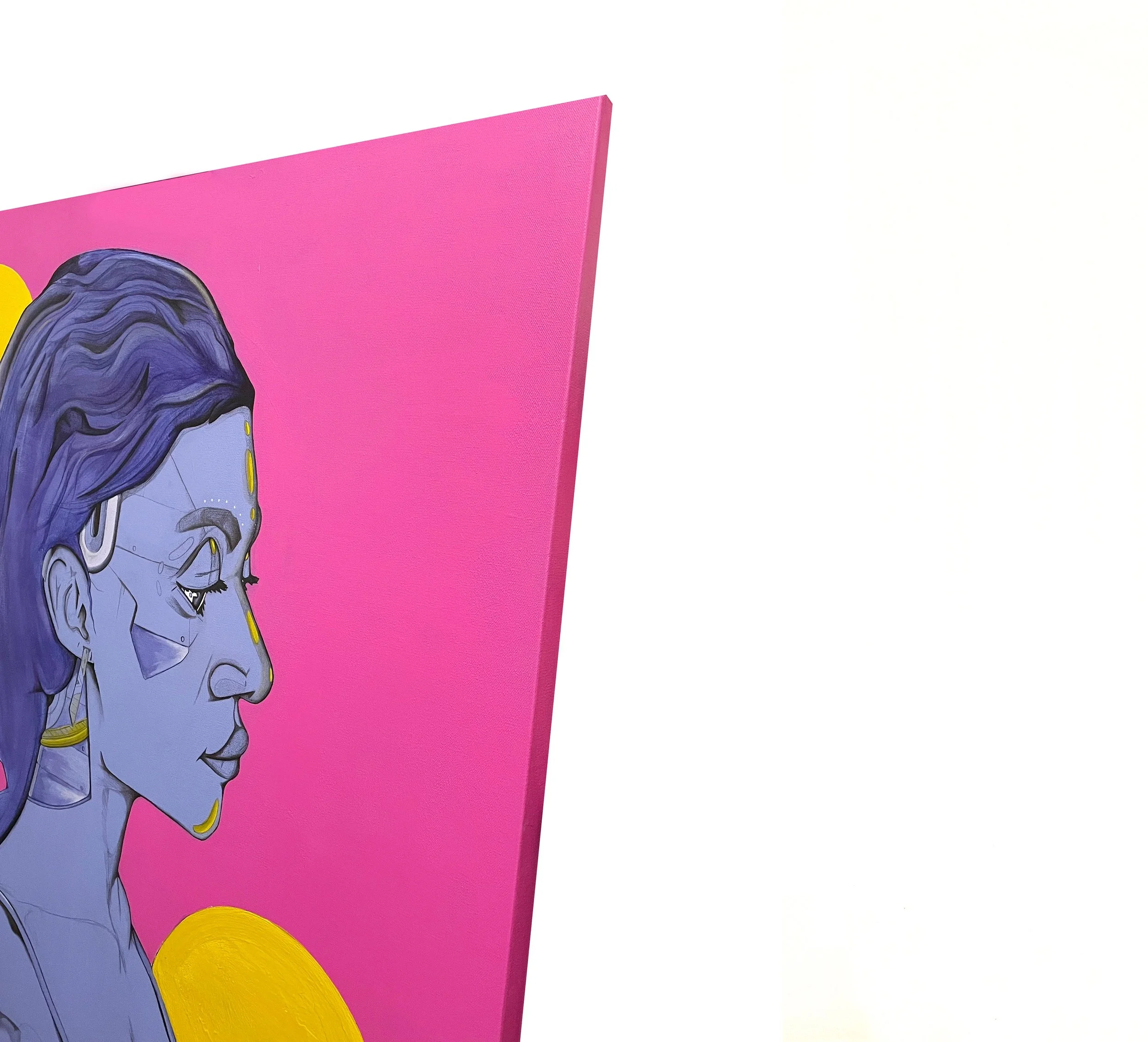 Side profile of a futuristic, digital-style woman with purple hair on a pink canvas.