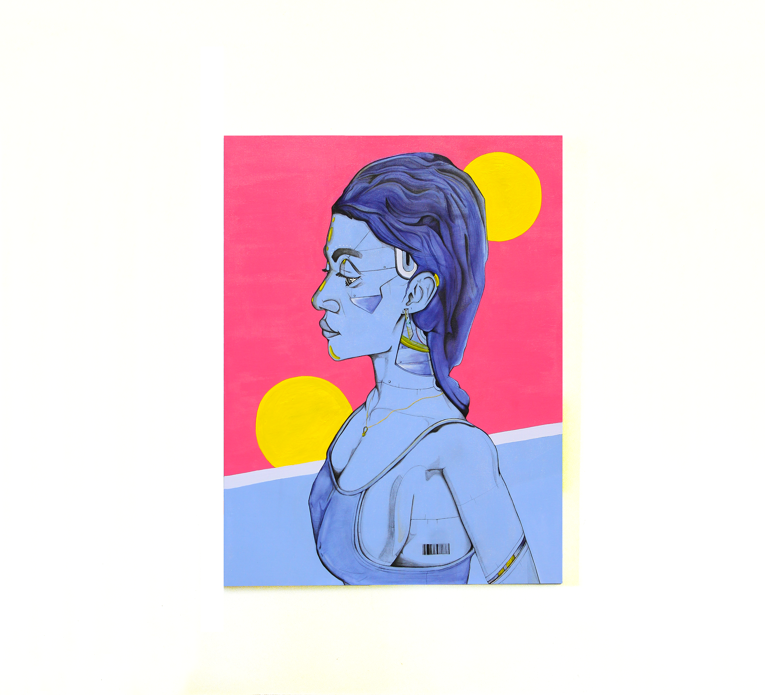 Side profile of a female cyborg with purple hair, set against a pink and blue background with two yellow circles.