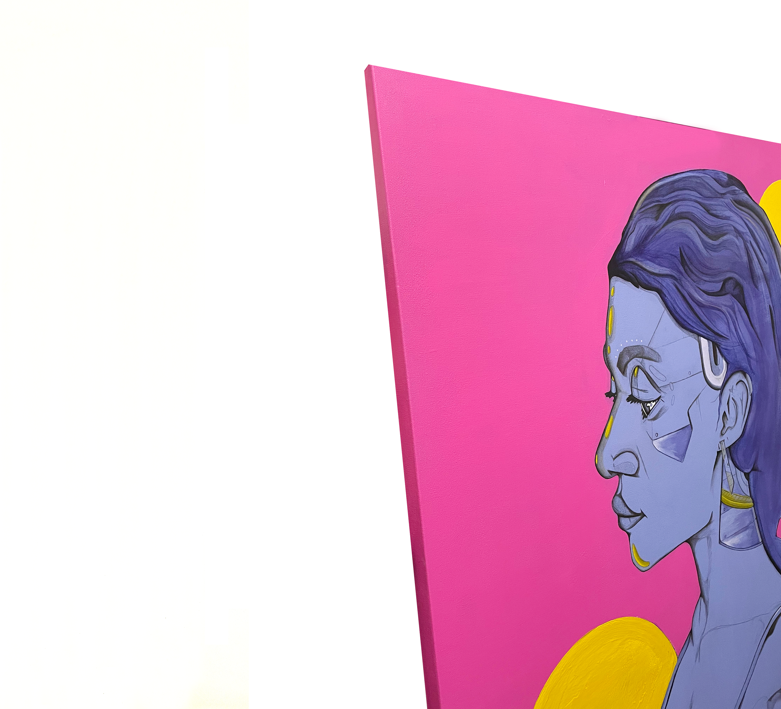 Side profile of a woman with purple hair and futuristic makeup, painted on a bright pink canvas.