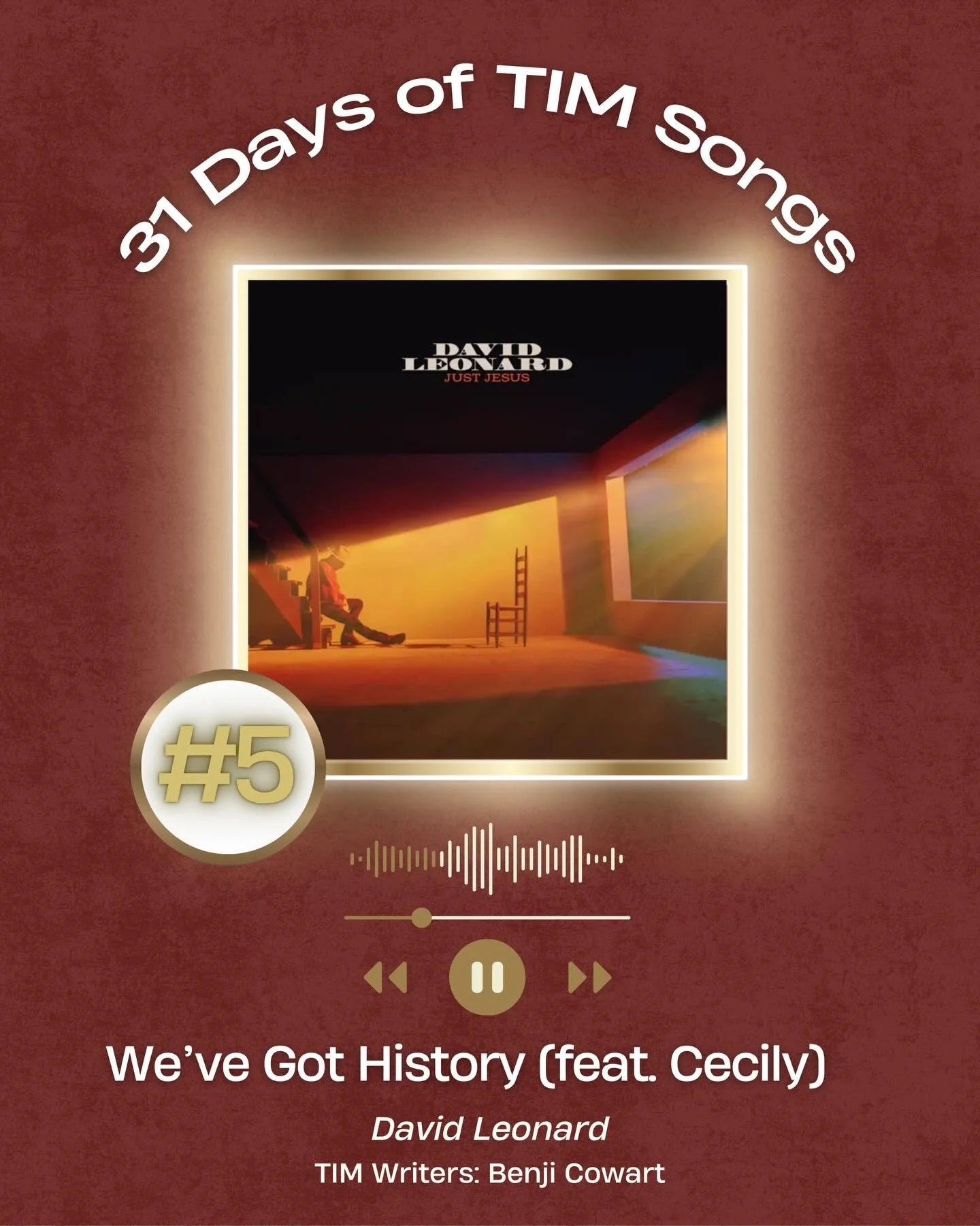 Happy 31 Days of TIM Songs! A month-long celebration highlighting the writers and songs from 2025!

✨Day 5: We&rsquo;ve Got History (feat. Cecily)✨

🎶This song released in late February by David Leonard on the project &ldquo;Just Jesus&rdquo;
✍️Writ