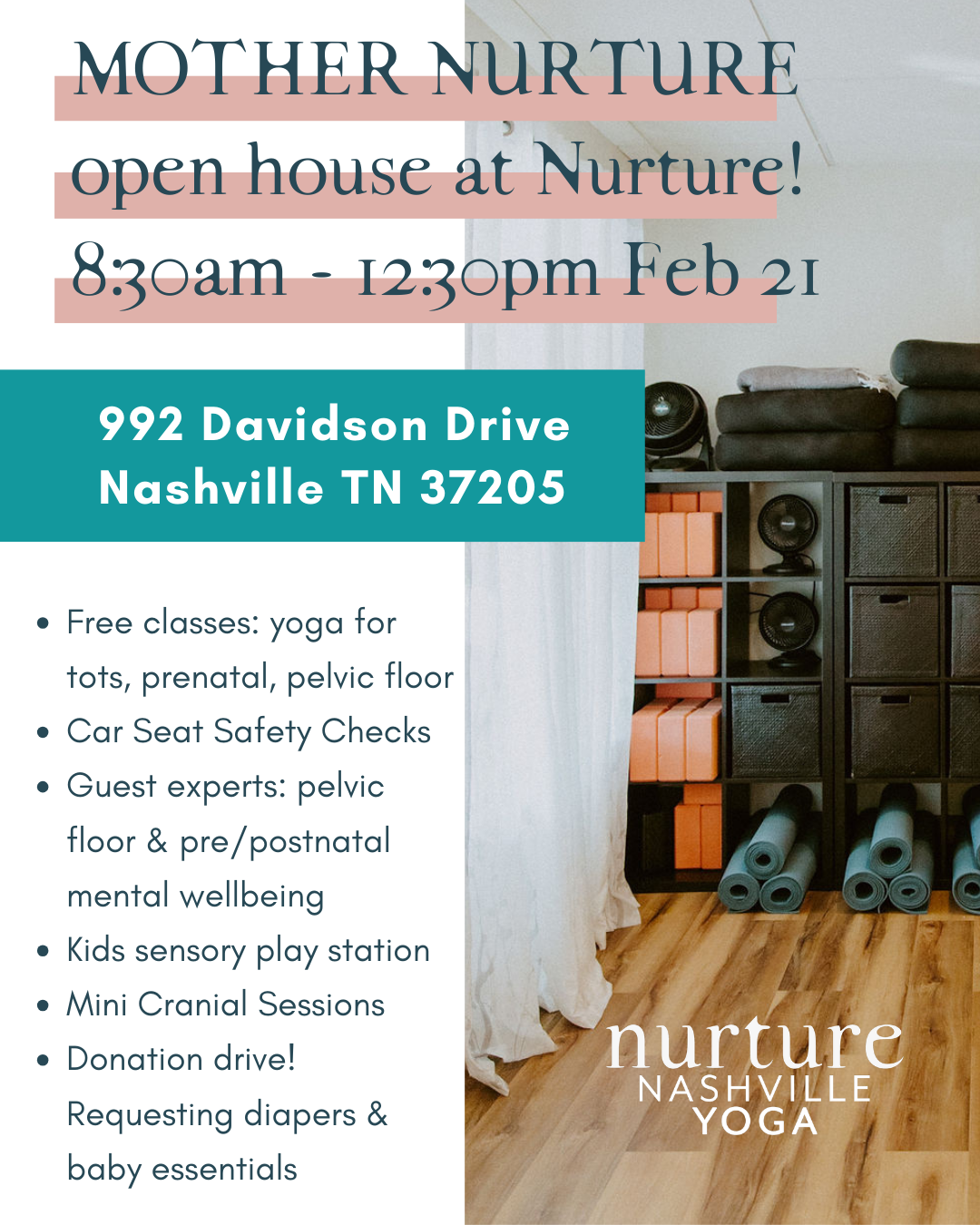 FREE! *Mother Nurture* pre+postnatal wellness open house &amp; donation drive