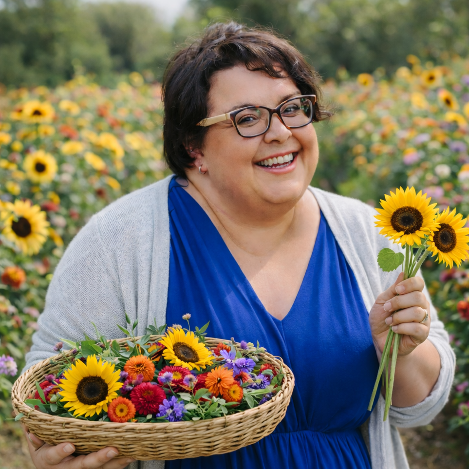 A smiling woman with short dark hair, glasses, and a blue dress holding a sunflower in one hand and a basket of colorful flowers in the other, standing in a garden of sunflower flowers.