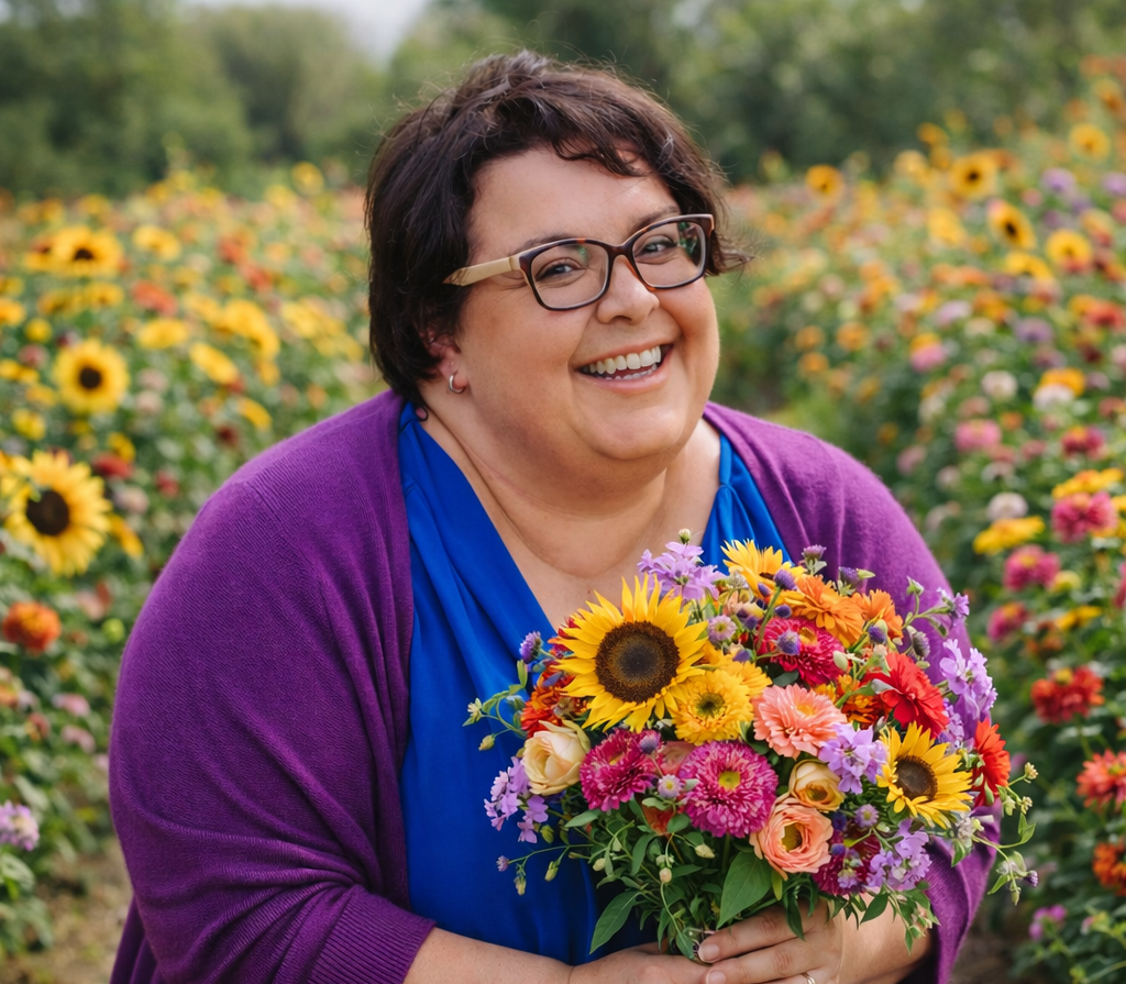 A smiling woman with short dark hair and glasses holding a colorful bouquet of flowers in a field of blooming sunflowers and other flowers.