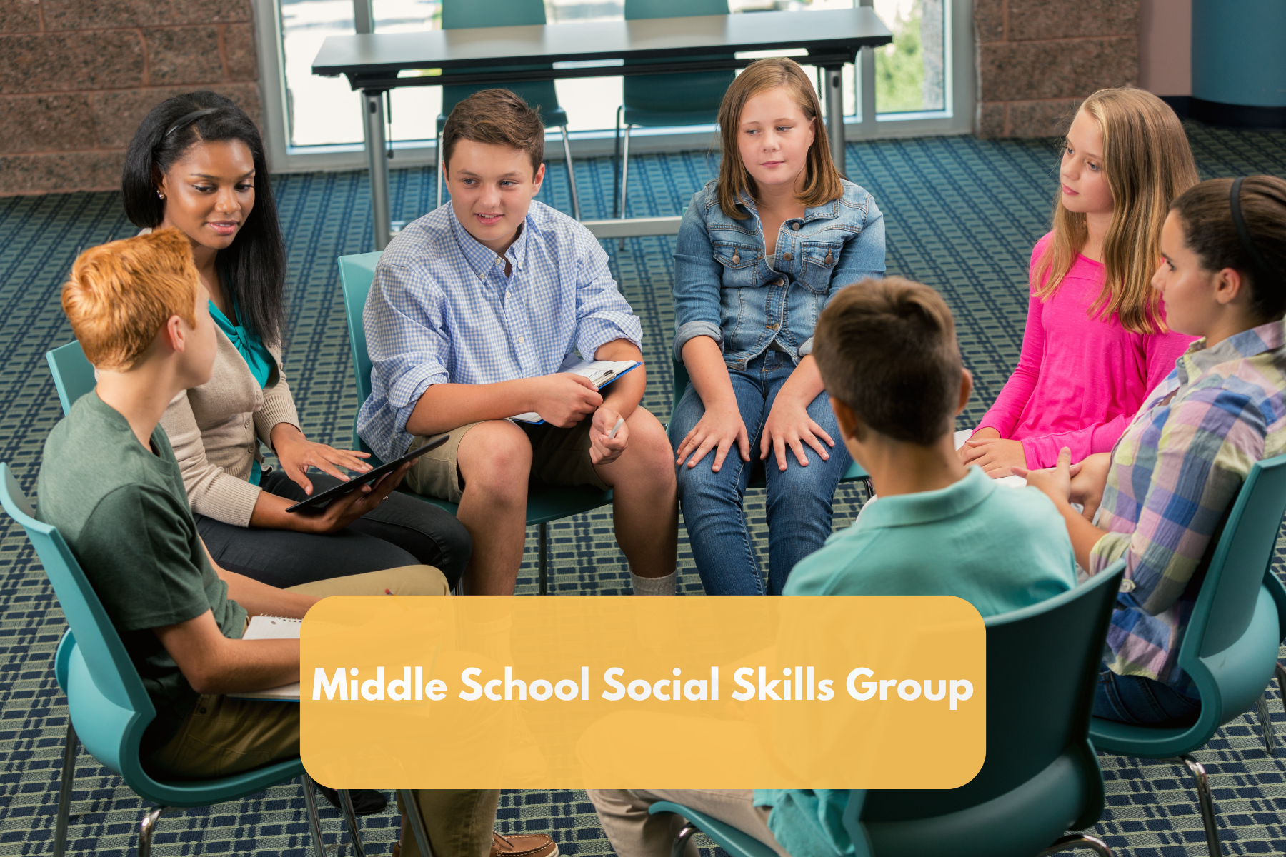 Three diverse teenagers smiling outdoors with one girl in front and a boy and a girl behind her, with a banner reading 'Teen Social Skills Group' at the bottom.