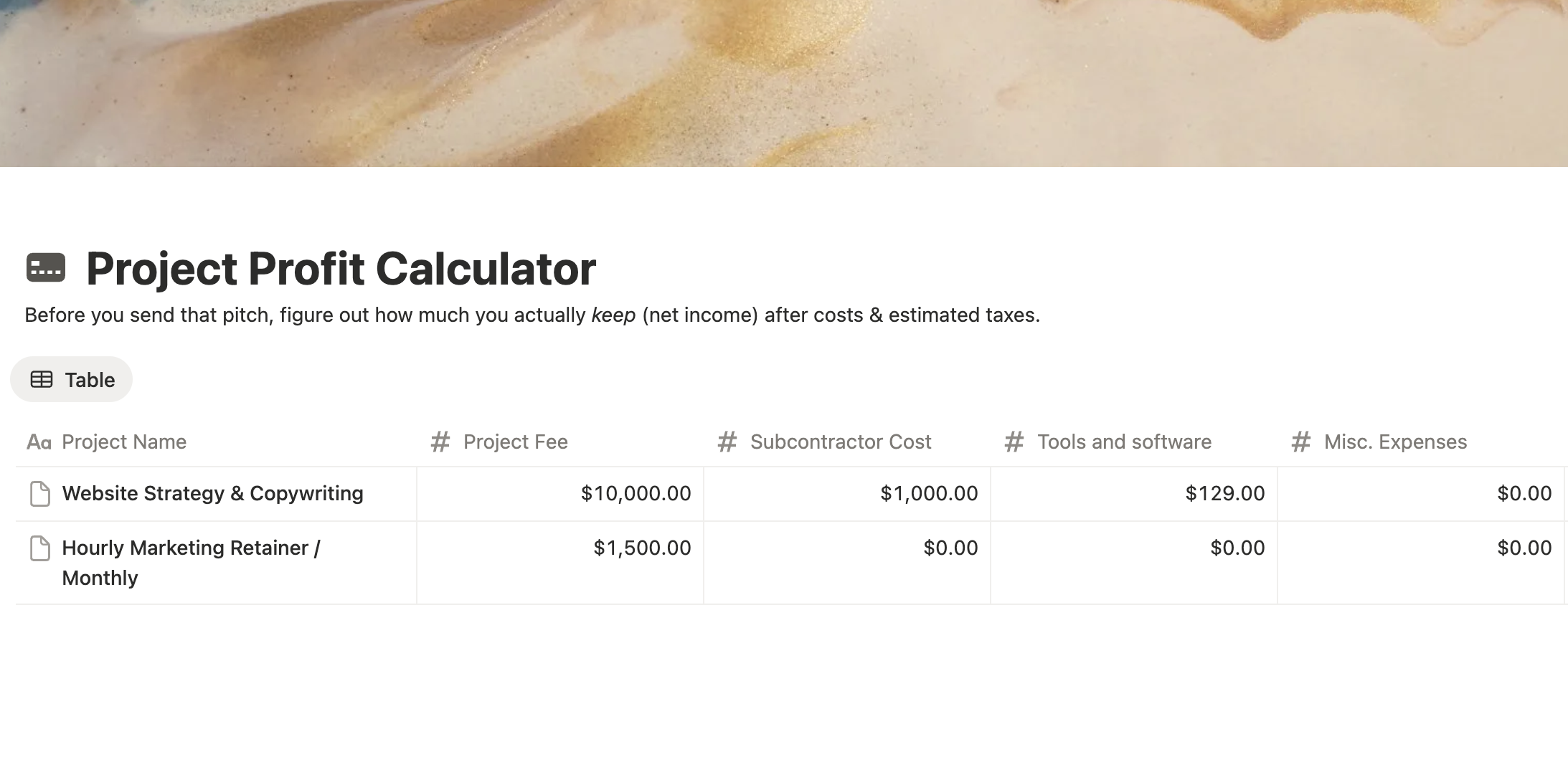 Project profit calculate from free flow, the notion dashboard template for freelancers