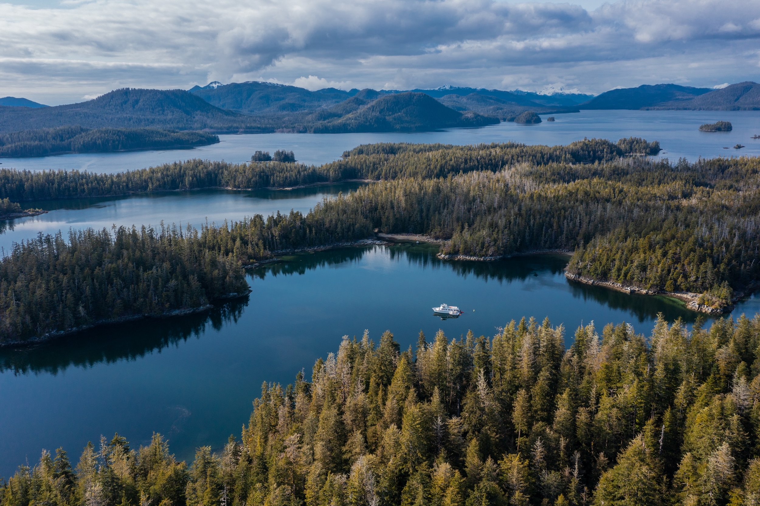 Aerial view of the Silver Lady anchored in a cove with views of ocean and forested islands all around.