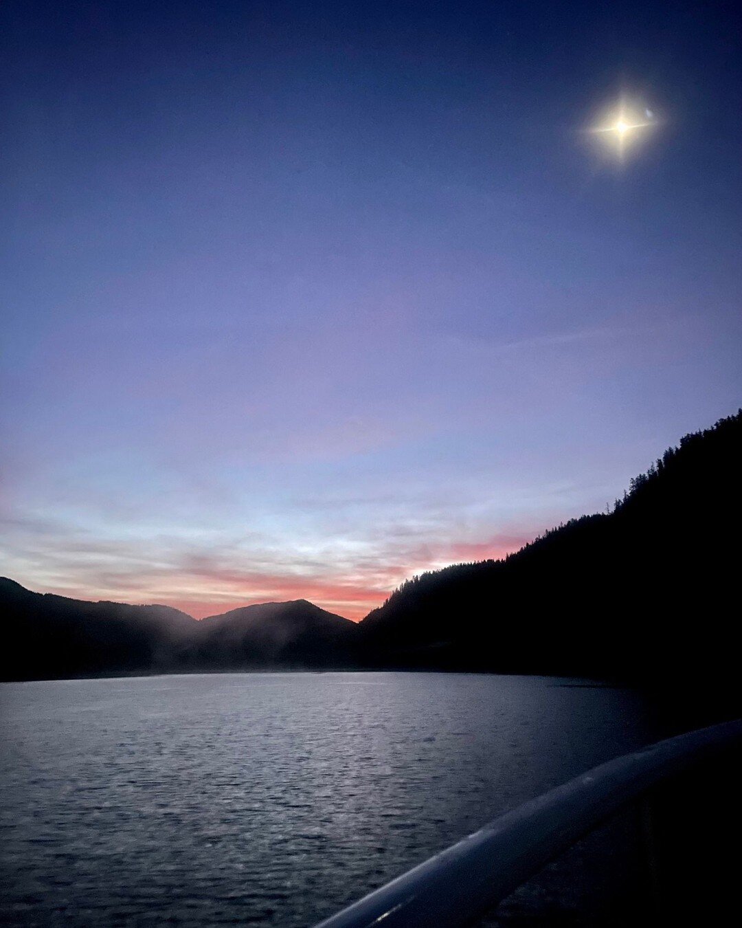 Sunrise and moonset off the bow of the M/V Silver Lady, a fantastic way to start the day. 

#sunrise 
#moonset 
#beautifulsky 
#landofthemidnightsun 
#visitsitka
#sitkaalaska
#travelsitka
#sitkalife
#southeastalaska
#islandlife
#alaskavacation
#alask