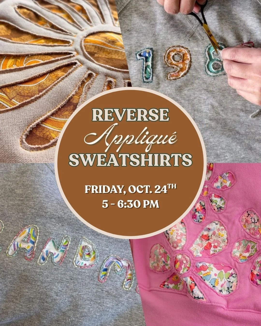 Bring your creativity to life with our Reverse Appliqu&eacute; Sweatshirt Workshop! 🧵✨ 

Learn a fun and unique technique to customize your own cozy sweatshirt with layered patterns and textures.

Perfect for fall + totally one-of-a-kind! 🍂👕

📅 F
