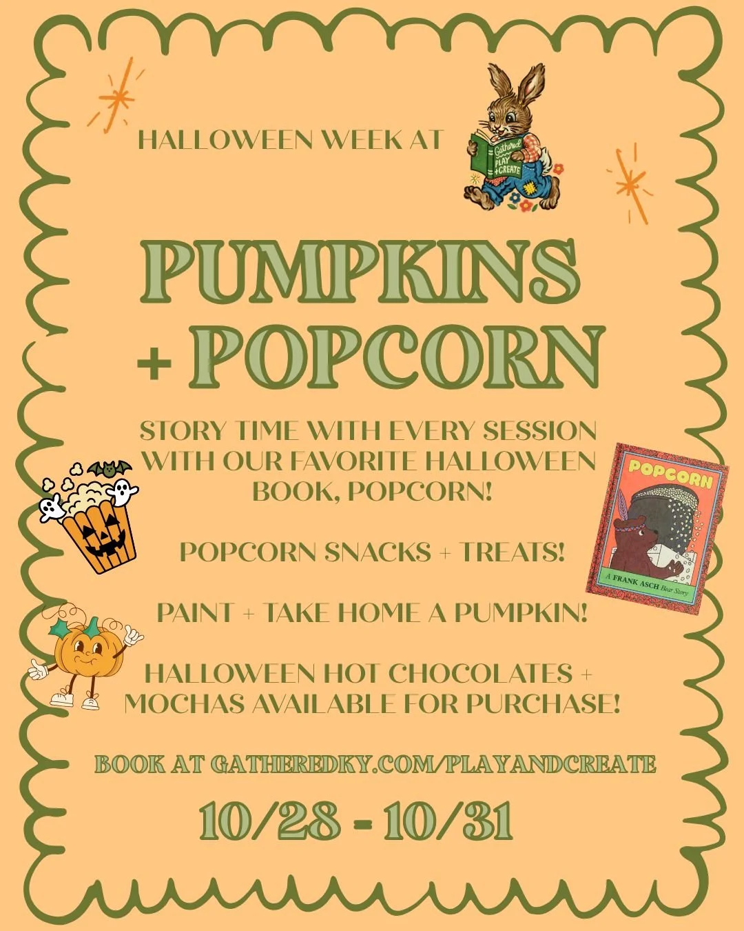 🎃🍿 It&rsquo;s Halloween week at Gathered Play + Create &mdash; and we&rsquo;re celebrating with Pumpkins + Popcorn!

Each play session from October 28&ndash;31 includes:
📖 Story time featuring our favorite Halloween book, Popcorn!
🍿 Popcorn snack