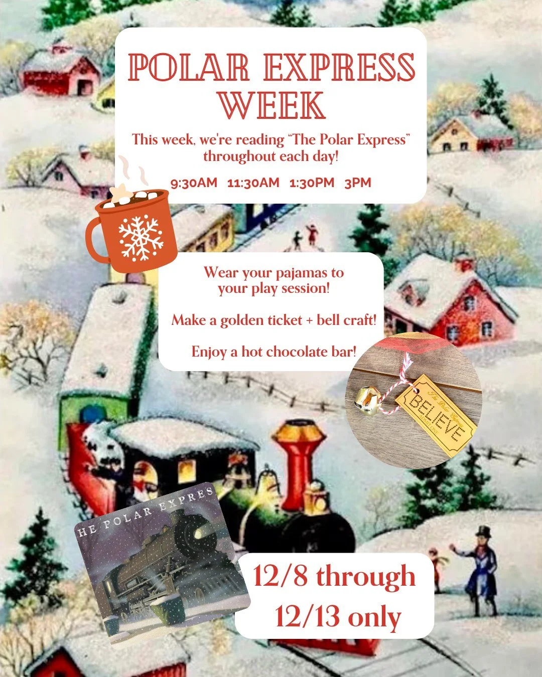 💫 All aboard for Polar Express Week at Gathered Play + Create! 🚂☕️

Join us Dec. 8&ndash;13 for a magical week featuring a Polar Express storytime during every play session, a golden ticket + bell craft, and a hot chocolate bar that&rsquo;ll warm e