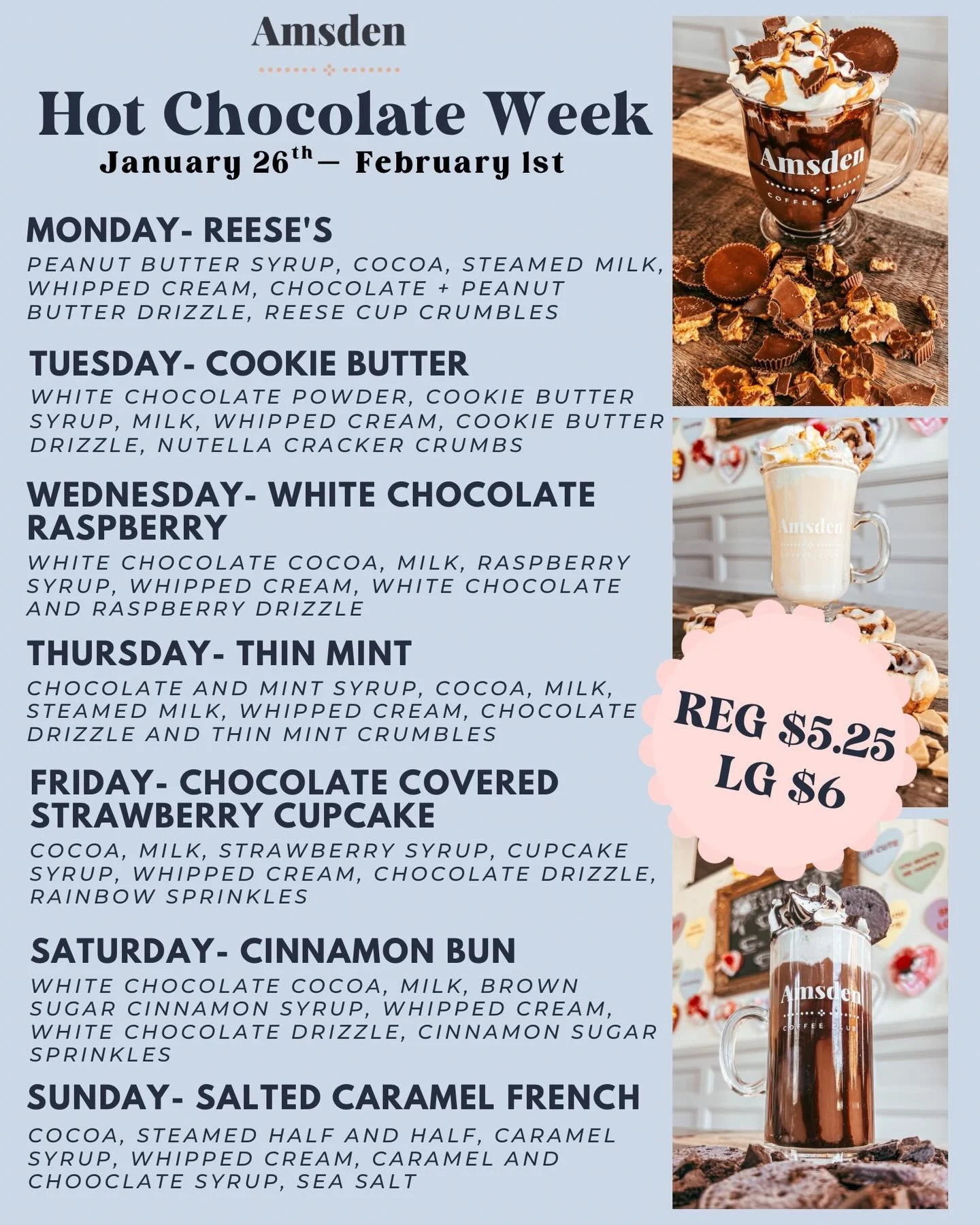 🍫✨ Hot Chocolate Week is HERE (with a small weather update)! ✨🍫

It&rsquo;s officially the sweetest week at The Amsden &mdash; happening January 27&ndash;February 1! 🎉
Join us for our annual Hot Chocolate Week and sip your way through a new specia