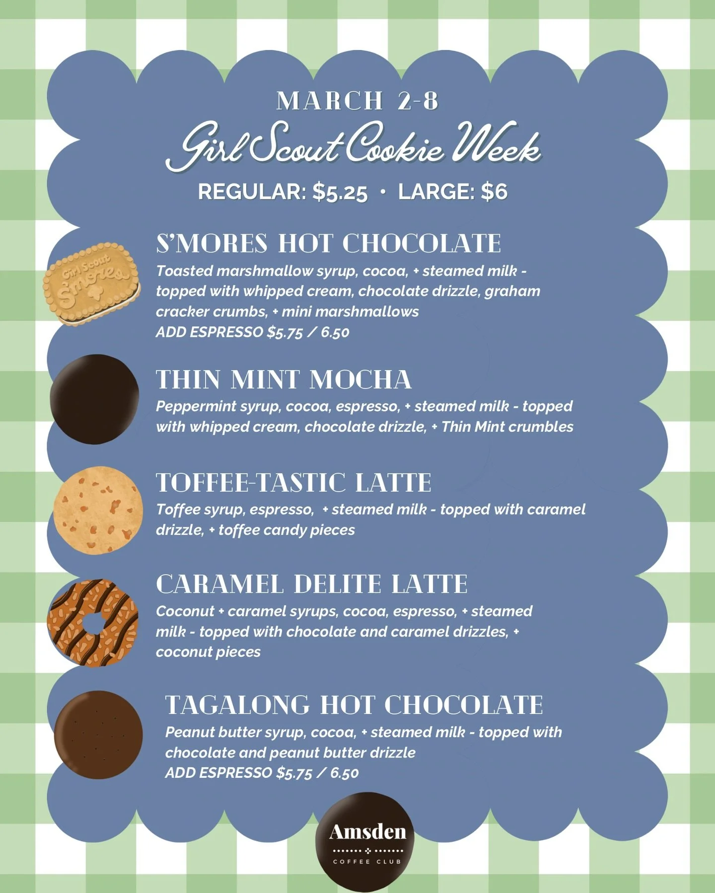 🍪🎉 Girl Scout Cookie Week is reporting for duty! 🎉🍪

March 2&ndash;8, we&rsquo;re turning your favorite cookies into drinks &mdash; and yes, you&rsquo;re going to want to earn every single badge. ☕🏅

From minty classics, chocolate + peanut butte