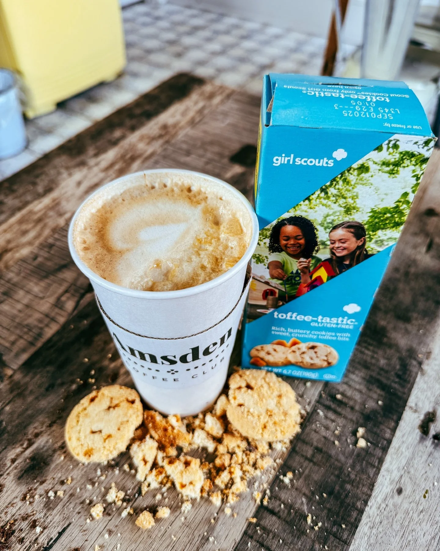 Calling all Toffee-Tastic fans 📣🤎

Our Toffee-Tastic Latte is reporting for Girl Scout Cookie Week duty &mdash; made with buttery toffee syrup, bold espresso, and steamed milk, then topped with caramel drizzle, and crunchy toffee candy pieces.

It&