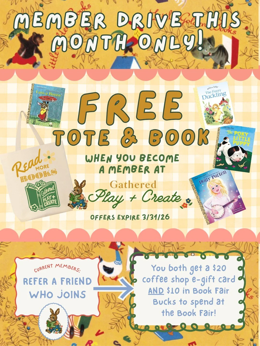 It&rsquo;s Member Drive Month at Gathered Play + Create! 📚✨

If you&rsquo;ve been thinking about joining, this is the time. For the month of March, we&rsquo;re celebrating our memberships with some extra fun perks and big savings.

🌼 Join this mont