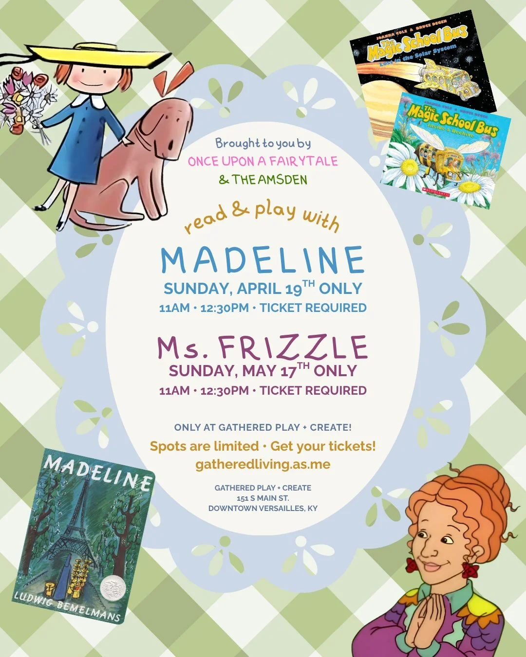 bonjour! and seatbelts, everyone! 

we&rsquo;re bringing a little extra storybook magic to Play + Create with the real life Madeline and Ms. Frizzle from @onceuponafairytaleky 💛

🇫🇷 Read + Play with Madeline
Sunday, 4/19 | 11:00 AM + 12:30 PM ✨

?