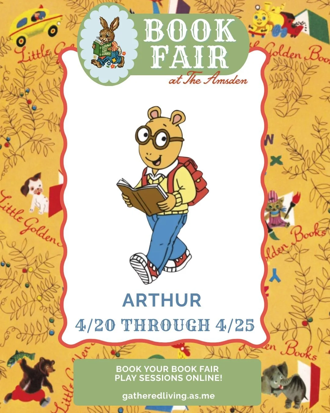 Arthur fans 📚❤️

Arthur Book Fair Week is coming to Play + Create 4/20&ndash;4/25 and it&rsquo;s going to be SUCH a fun one ✨

Come play, read, and hang out in a week inspired by everyone&rsquo;s favorite aardvark 💛

We&rsquo;ll have Arthur-themed 