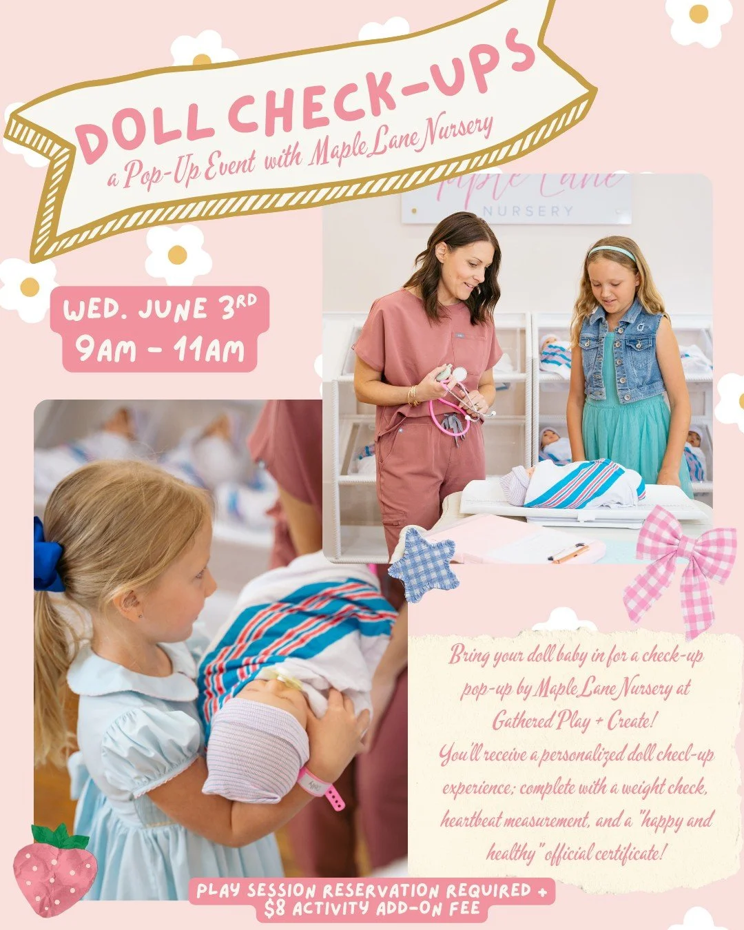It's time for Doll Check-Ups!
We're so excited to welcome @maplelanenursery for the dearest pop-up event at Gathered Play + Create! 🎀
Wednesday, June 3rd | 9AM&ndash;11AM
Bring your doll baby in for a personalized check-up experience, complete with 