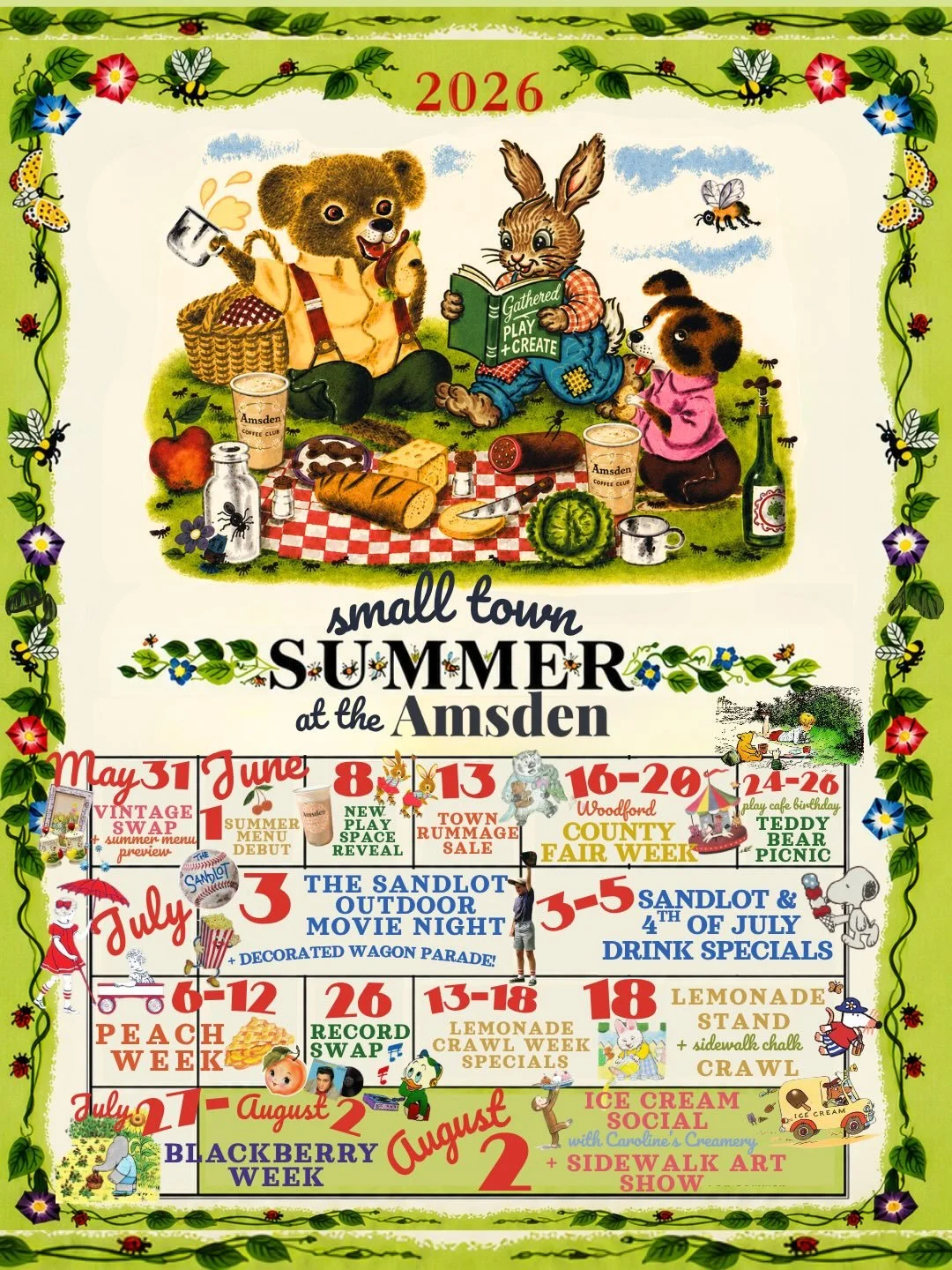 Small town summer is officially happening at The Amsden + Gathered Play + Create ☀️

If you&rsquo;re looking for nostalgic family-friendly summer events in Versailles, Kentucky, we have the sweetest lineup planned all season long 💛 Themed drink spec