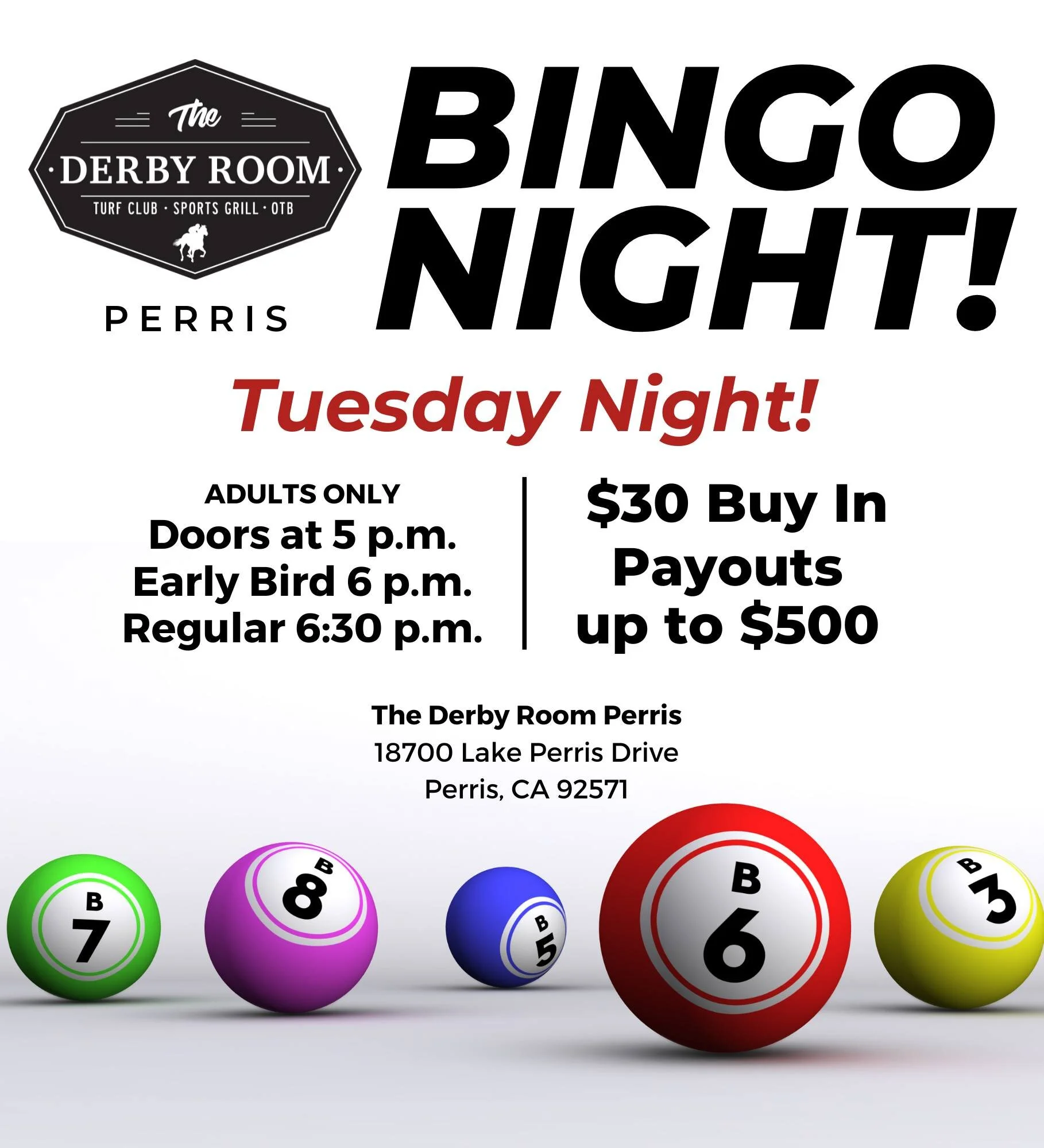 BINGO NIGHT IS COMING THIS TUESDAY NIGHT!
🐎  thederbyroom.com
#Perris (951) 266-5486
#OTB #OffTrackBetting #HorseRacing #BettingthePonies #PlaceYourBets #LiveSports #SportsonTV #BeeronTap #FullBar #BarandGrill #mixology #restaurant #Foodie #Foodie