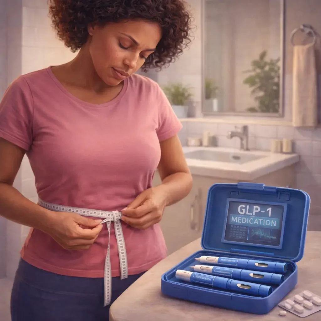 Woman measuring her waist in a bathroom with GLP-1 medication case nearby, representing medical weight loss during menopause.