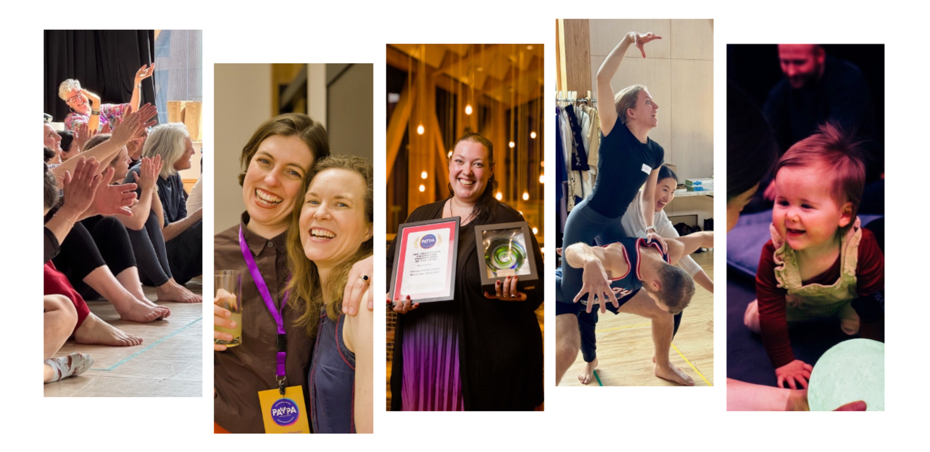 A series of images showing workshop participants posing together as a monster, an award winner holding a trophy, people laughing together and a very young child participating in a performance.