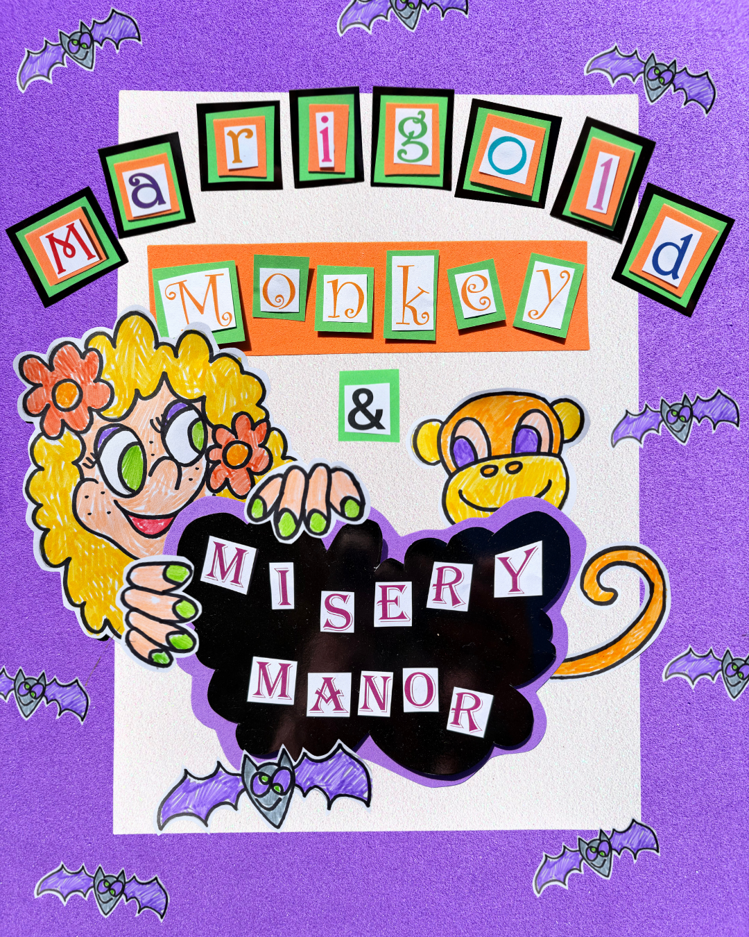 A colourful drawing of a bright-eyed monkey and a girl with yellow hair and green fingernails, surrounded by flying bats.