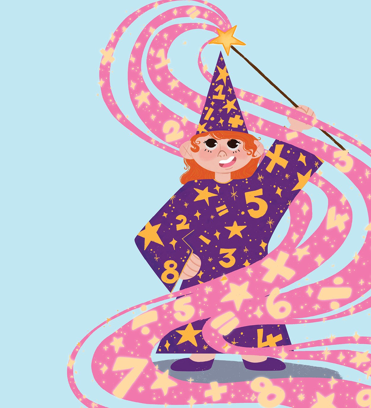 A young wizard casting a spell, wearing a robe and hat decorated with numbers and mathematical symbols.