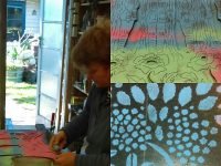 Different stages of chalking lower panel of second gate in preparation for drawing over chalk