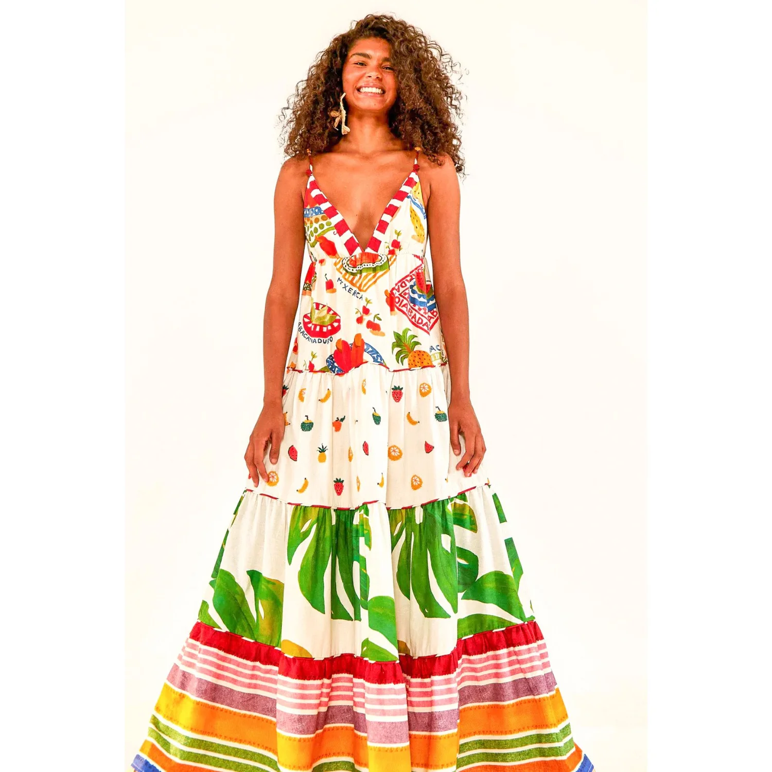 farm rio mixed picnic maxi dress Farm Rio Mixed Tiered Picnic Maxi — Frocked Dress Hire